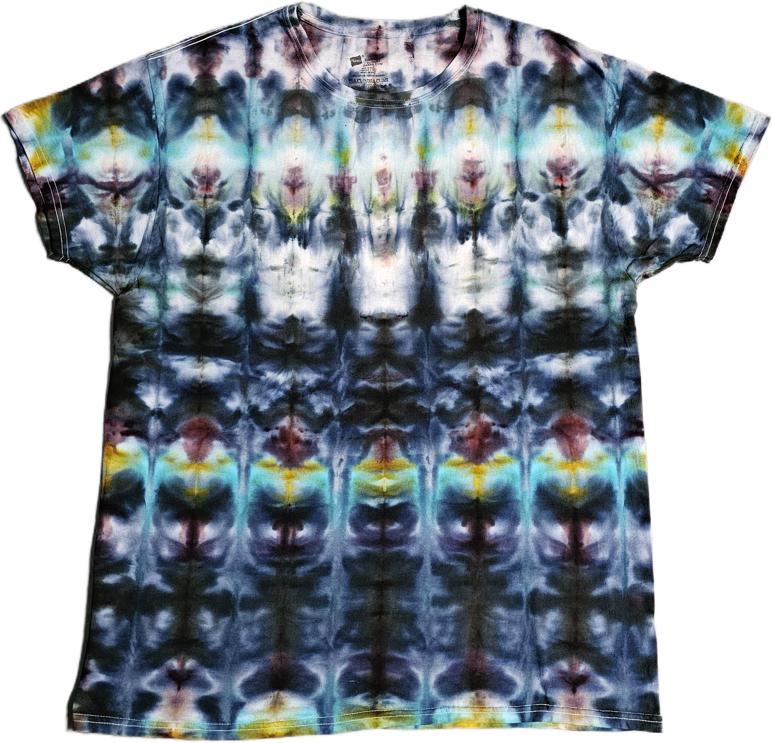 A tie-dye T-shirt with a multicolored pattern in shades of blue, pink, yellow, and black.