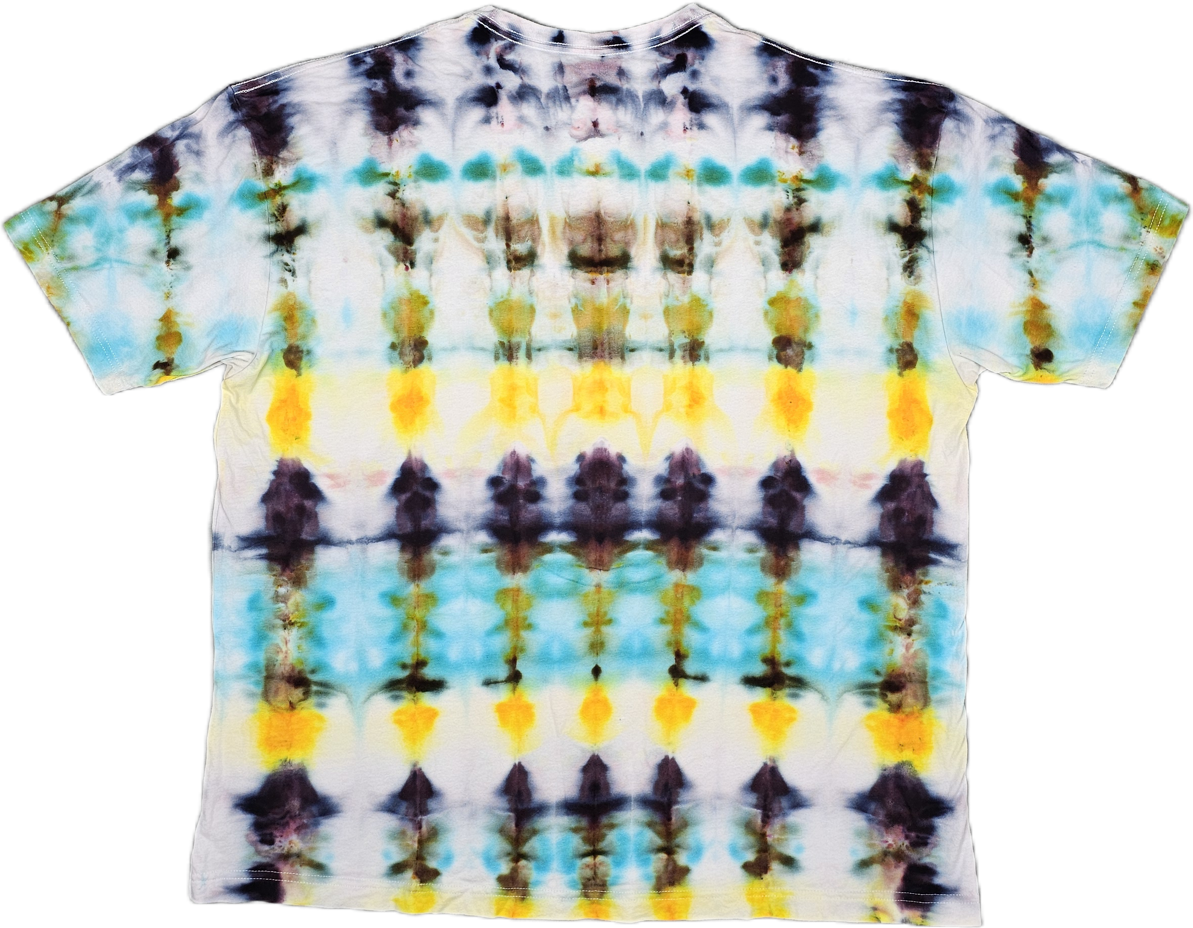 A Bella + Canvas  tie-dye T-shirt with a symmetrical pattern in shades of yellow, blue, black, and purple.