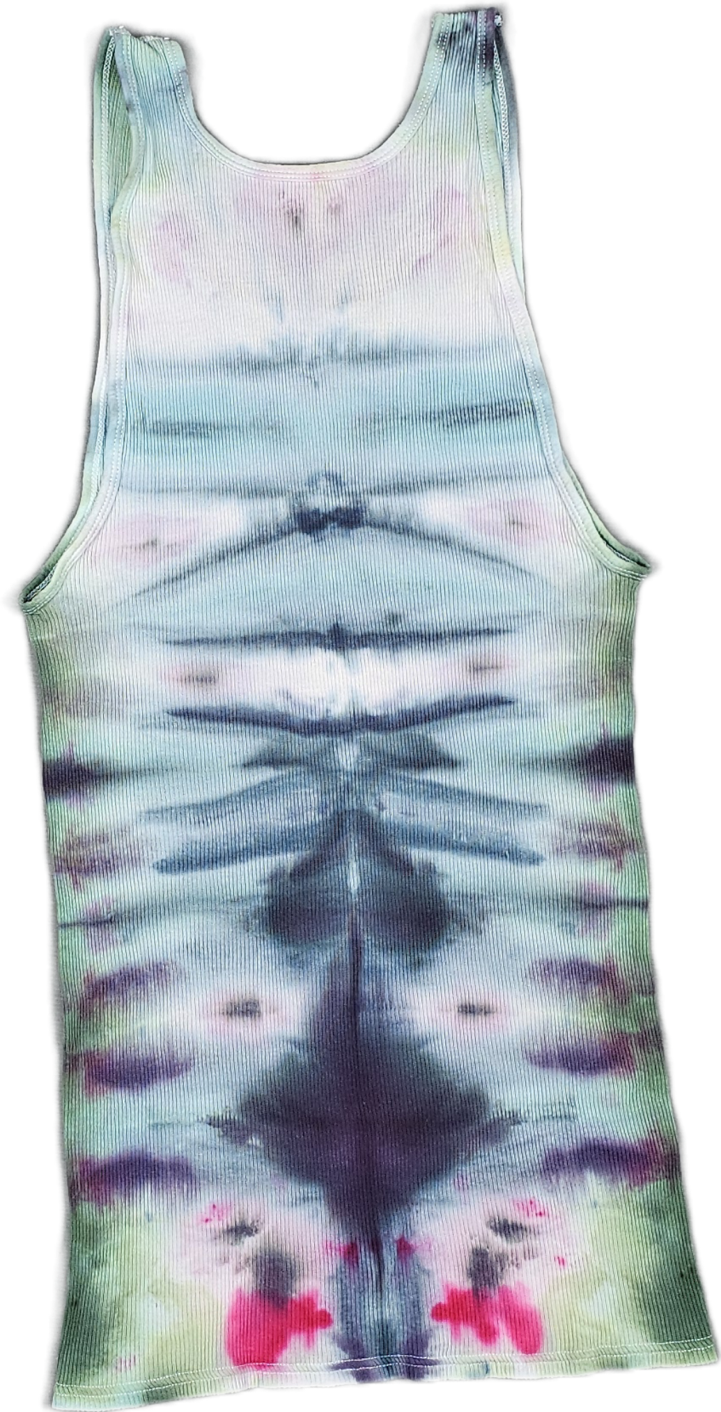A sleeveless tank top with a tie-dye pattern featuring pastel colors like pink, blue, and green, with a symmetrical, abstract design.