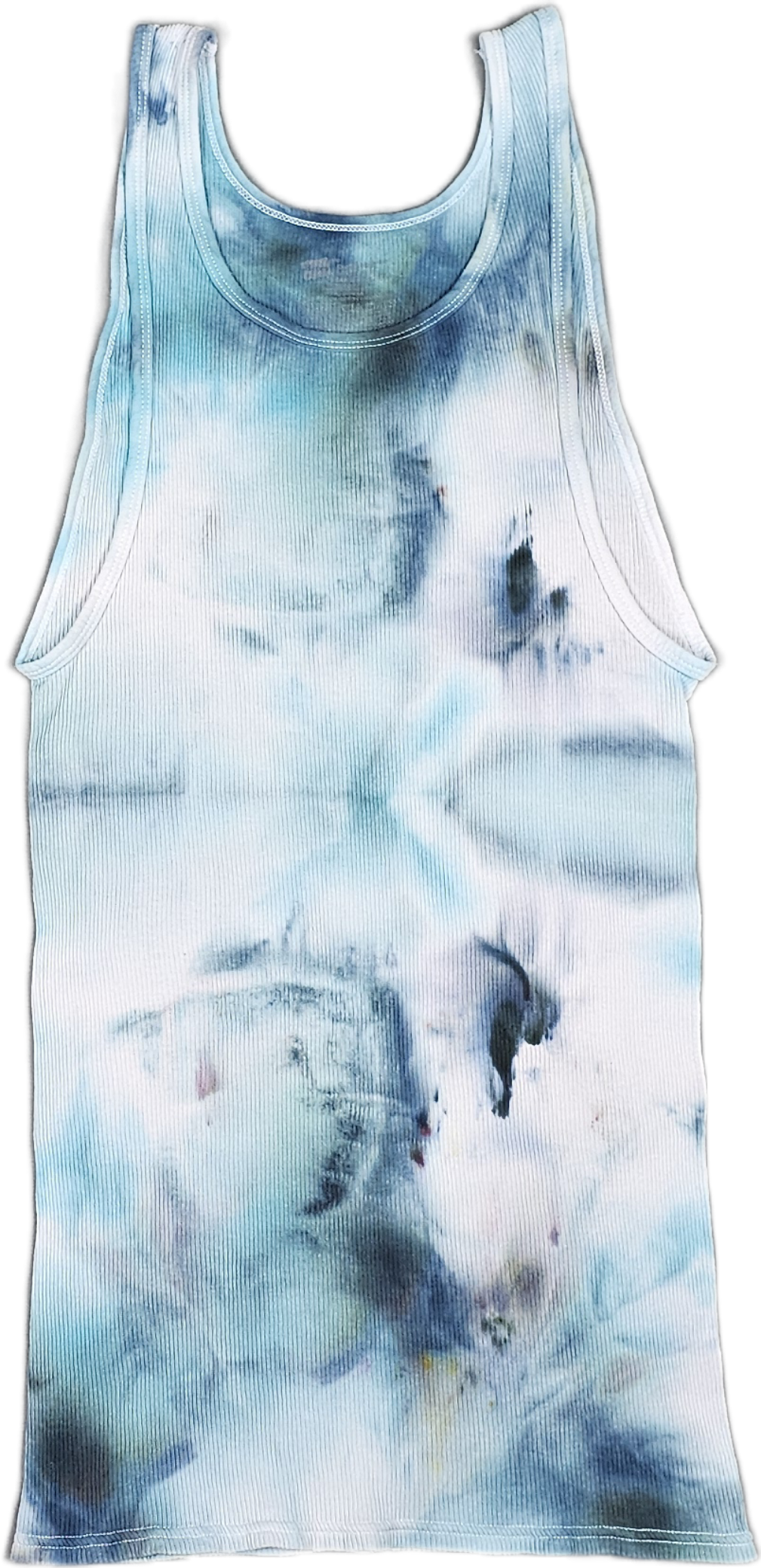 A sleeveless tank top with a watercolor pattern in shades of blue, green, and white.