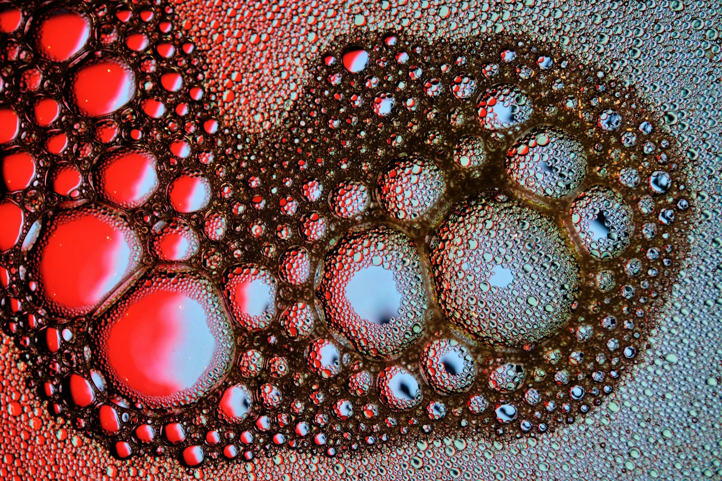 Close-up of bubbles on a liquid surface displaying patterns of various-sized circles with red, blue, and gold colors.