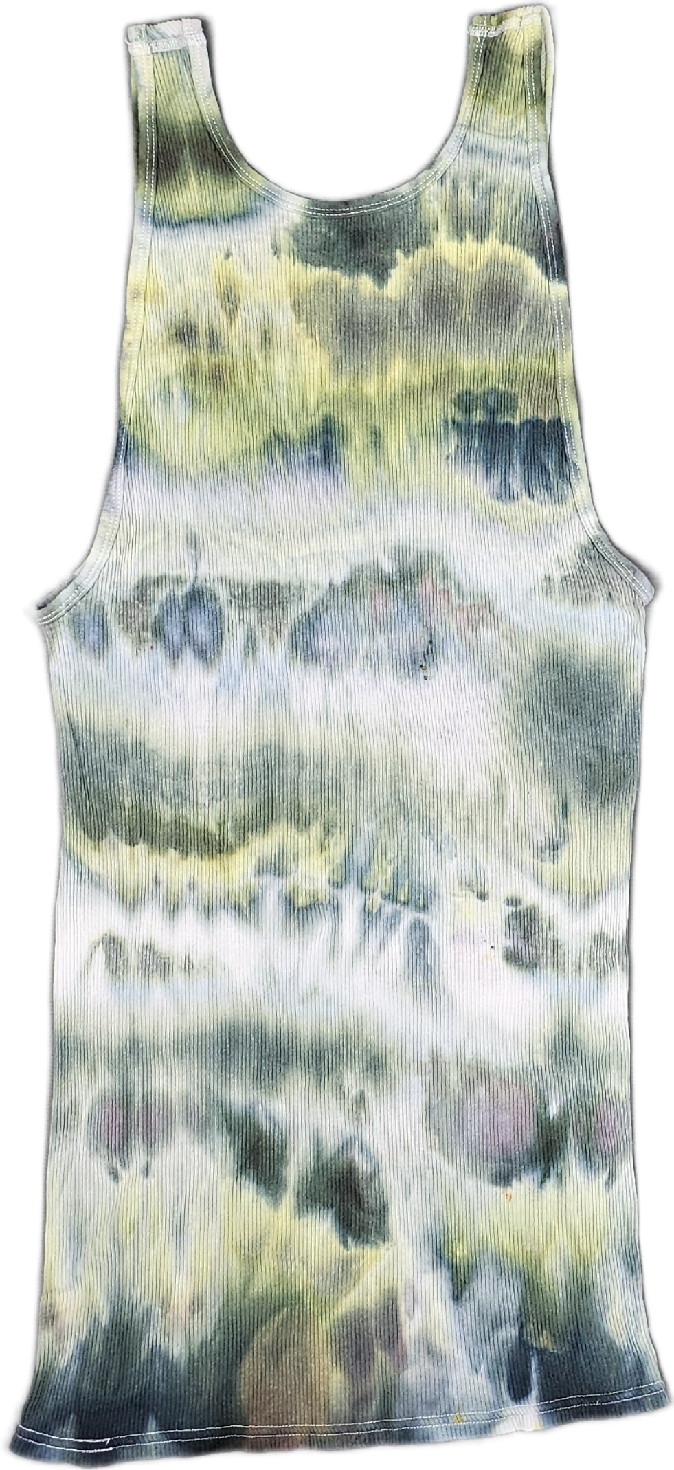 Sleeveless tie-dye tank top with green, yellow, and white colors.