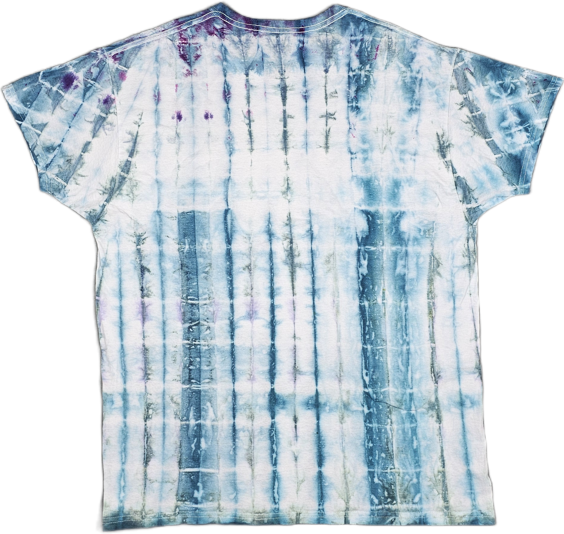 Blue and white tie-dye t-shirt with vertical streaks and purple accents.