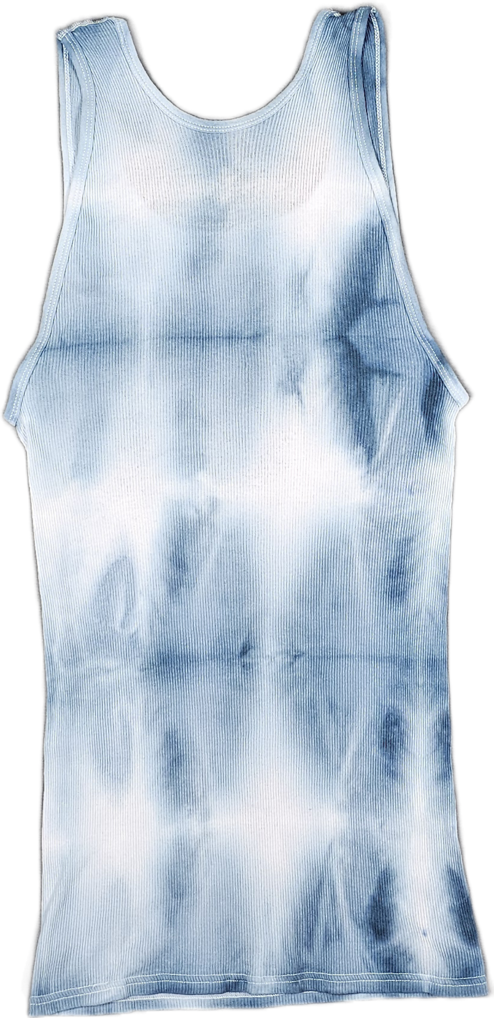 Blue and white tie-dye sleeveless ribbed knit dress.