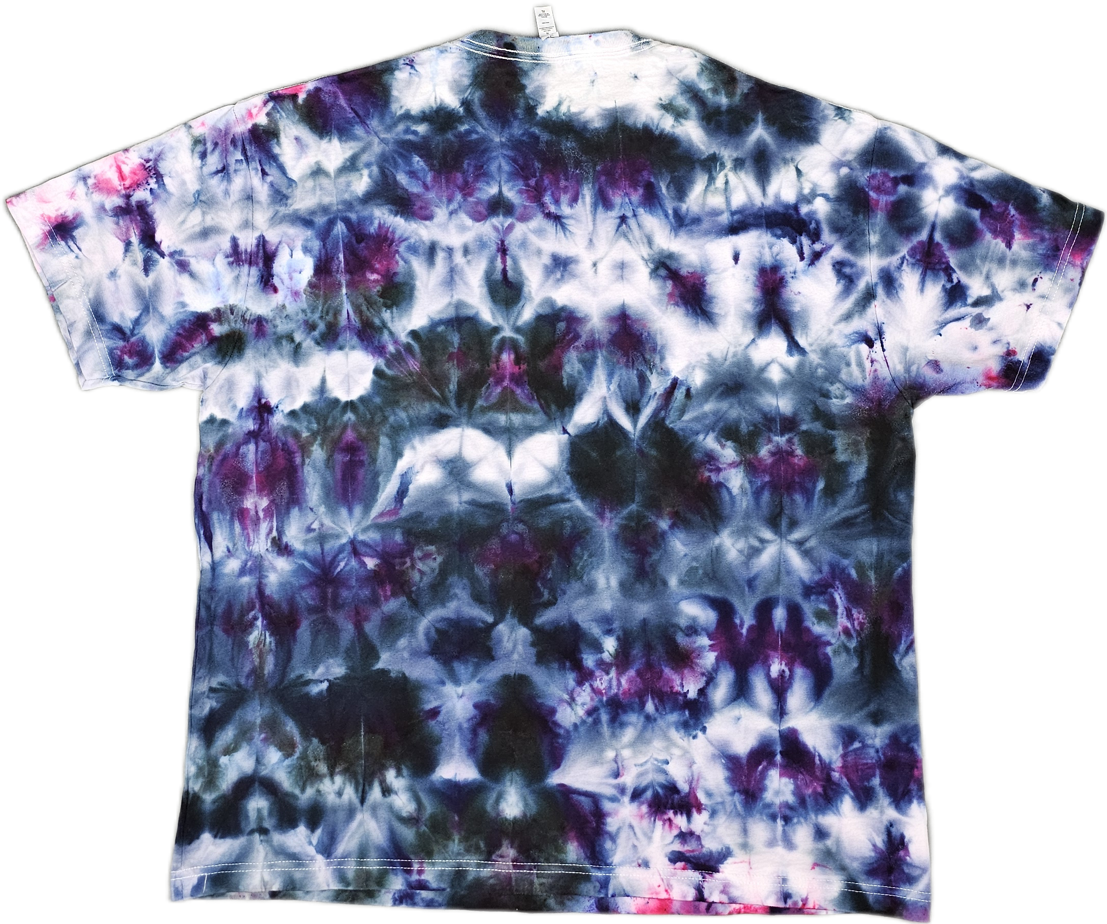 A Bella + Canvas  tie-dye t-shirt with a pattern in shades of white, black, purple, and pink.