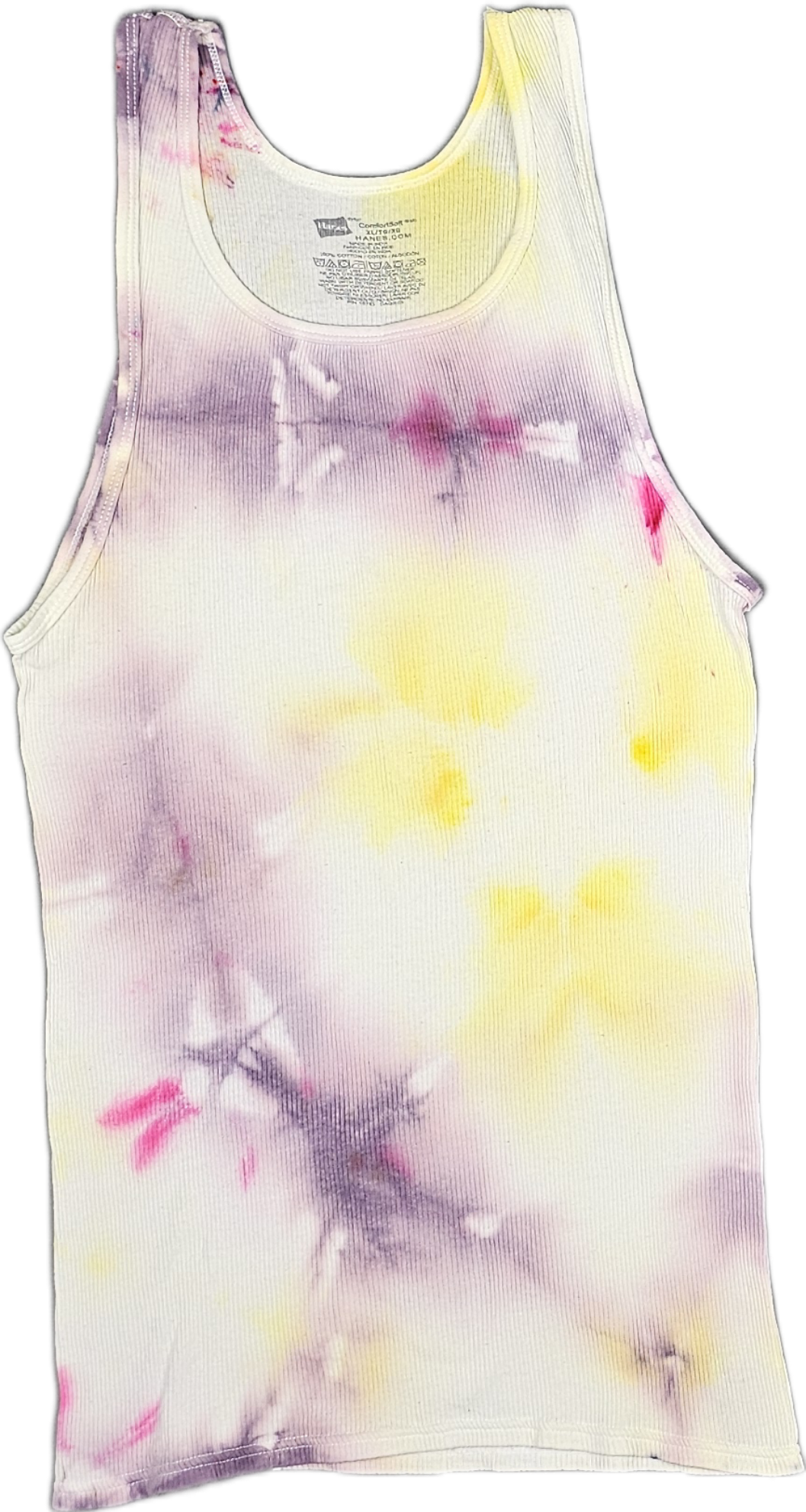 Tie-dye tank top with pastel yellow, pink, and purple colors.