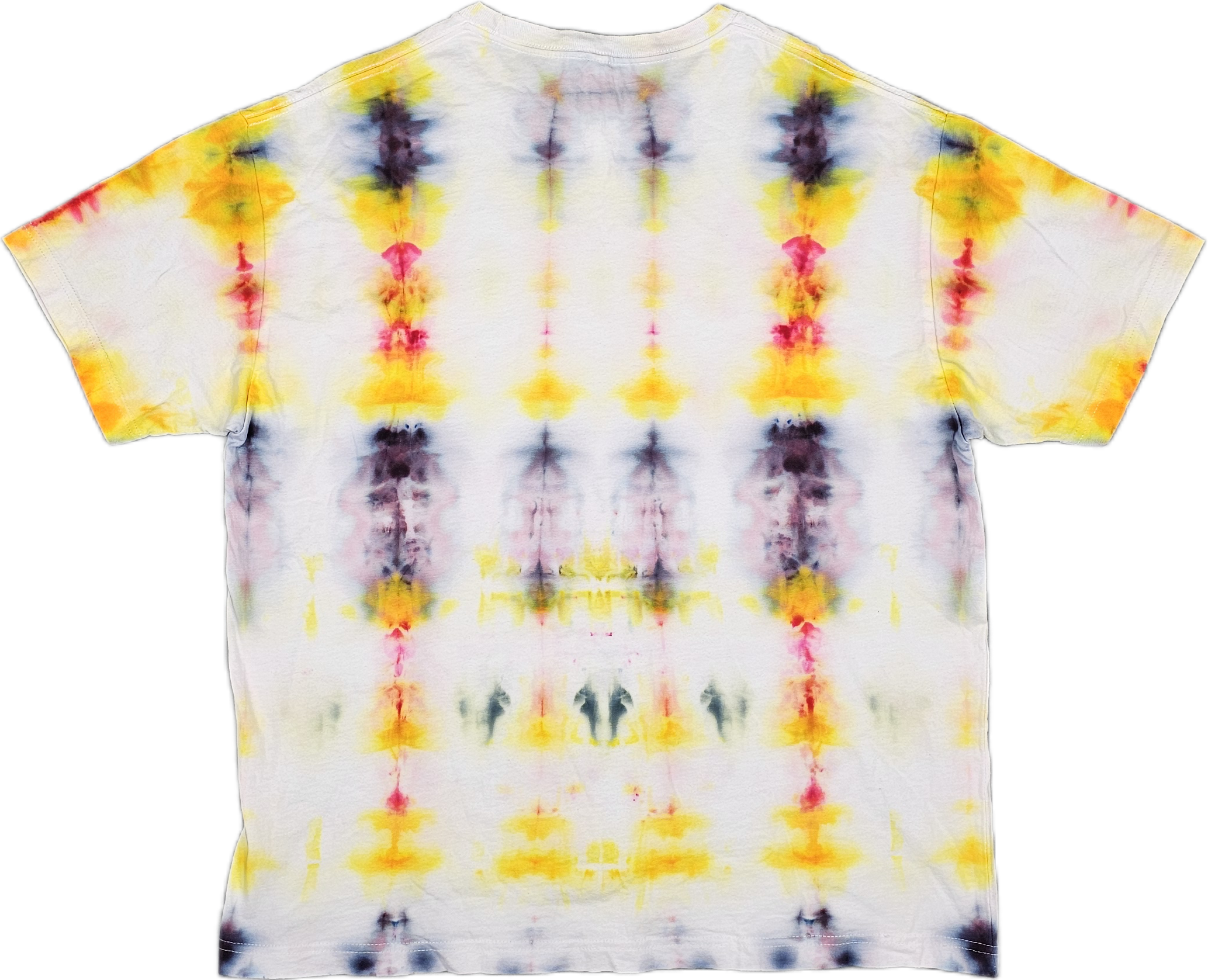 A  Bella + Canvas tie-dye T-shirt with yellow, pink, purple, and blue patterns on a white background.