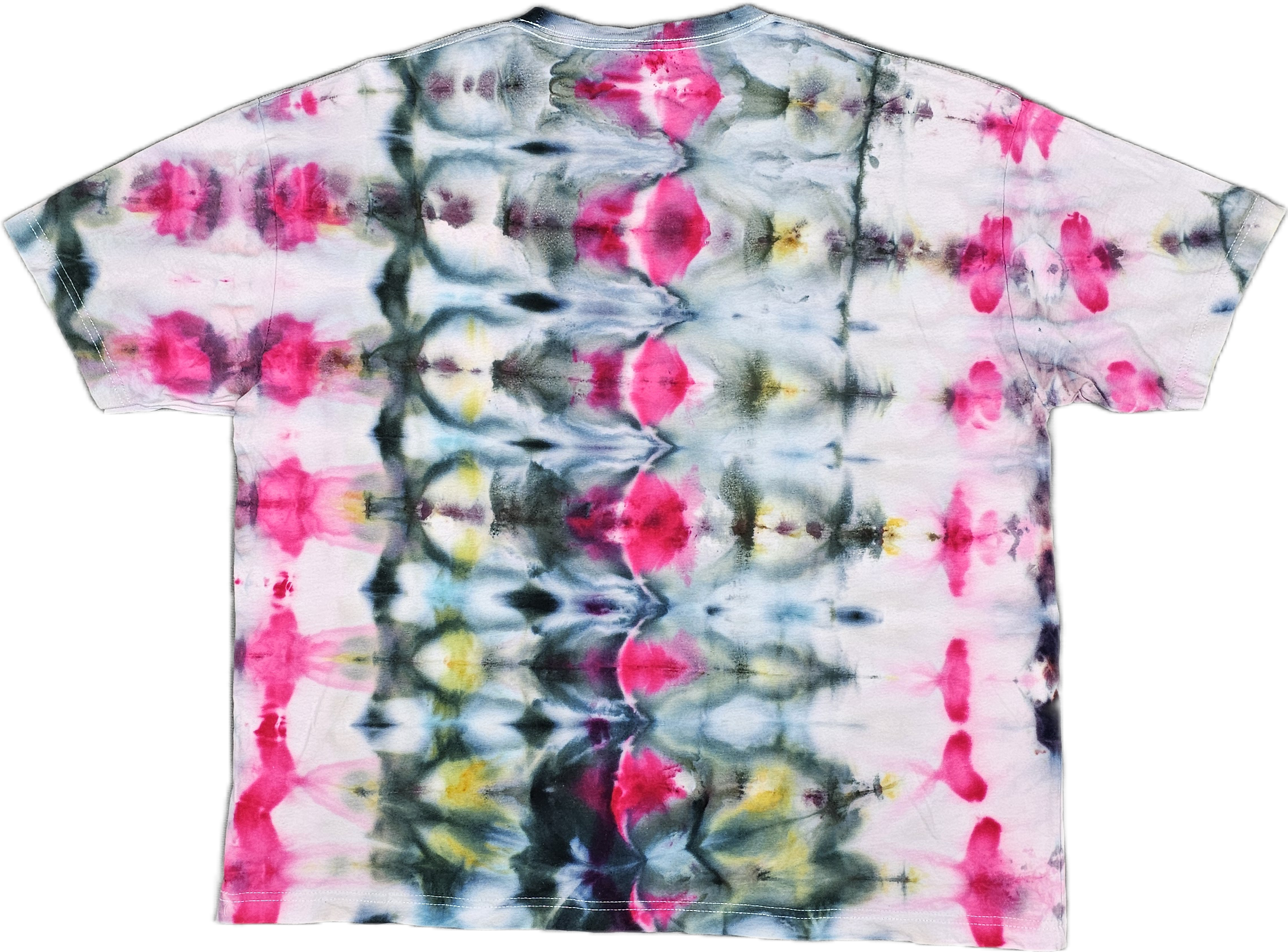 A Bella + Canvas  tie-dye T-shirt with a pattern of pink, black, yellow, and blue colors creating a floral and abstract design.