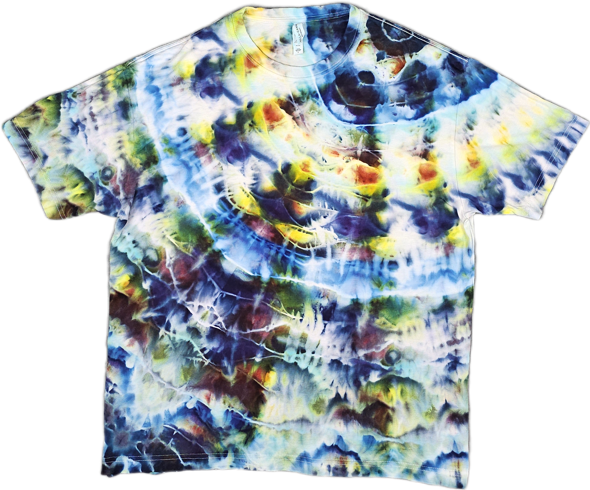 Bella + Canvas  Colorful tie-dye T-shirt with abstract swirling pattern in shades of blue, yellow, orange, green, and purple.