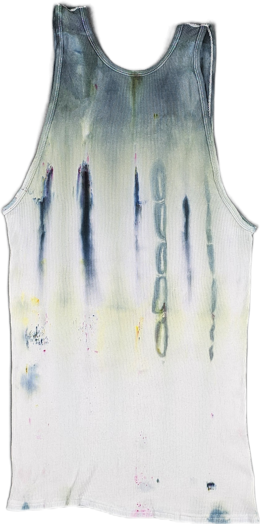 A sleeveless ribbed tank top with paint splatters and smudges in various colors, including blue, pink, and yellow.