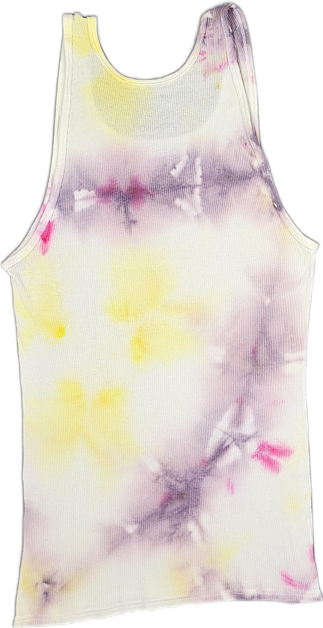 Colorful sleeveless top with a tie-dye pattern in yellow, pink, purple, and white for a casual look.