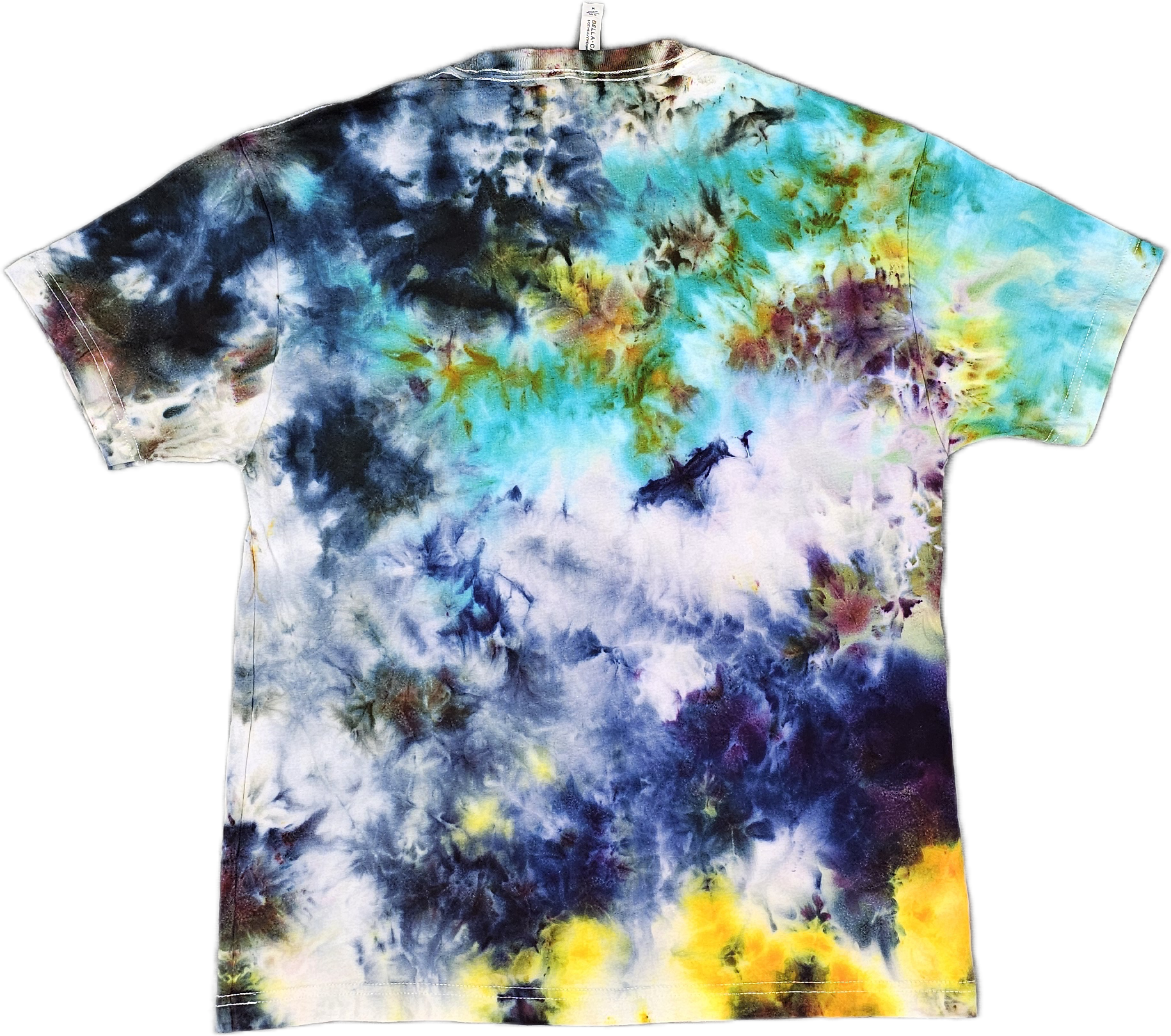 A Bella + Canvas  tie-dye T-shirt with a swirl pattern in various colors including blue, yellow, purple, black, and white.