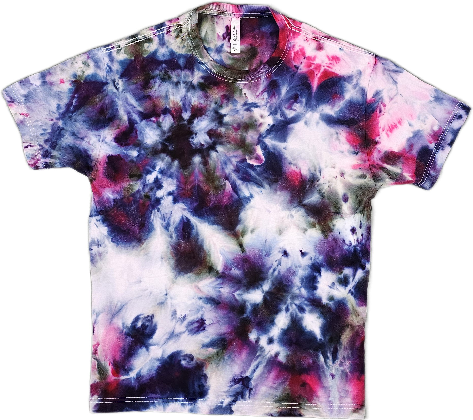Bella + Canvas  Tie-dye t-shirt with a colorful swirling pattern in pink, purple, blue, and white shades.