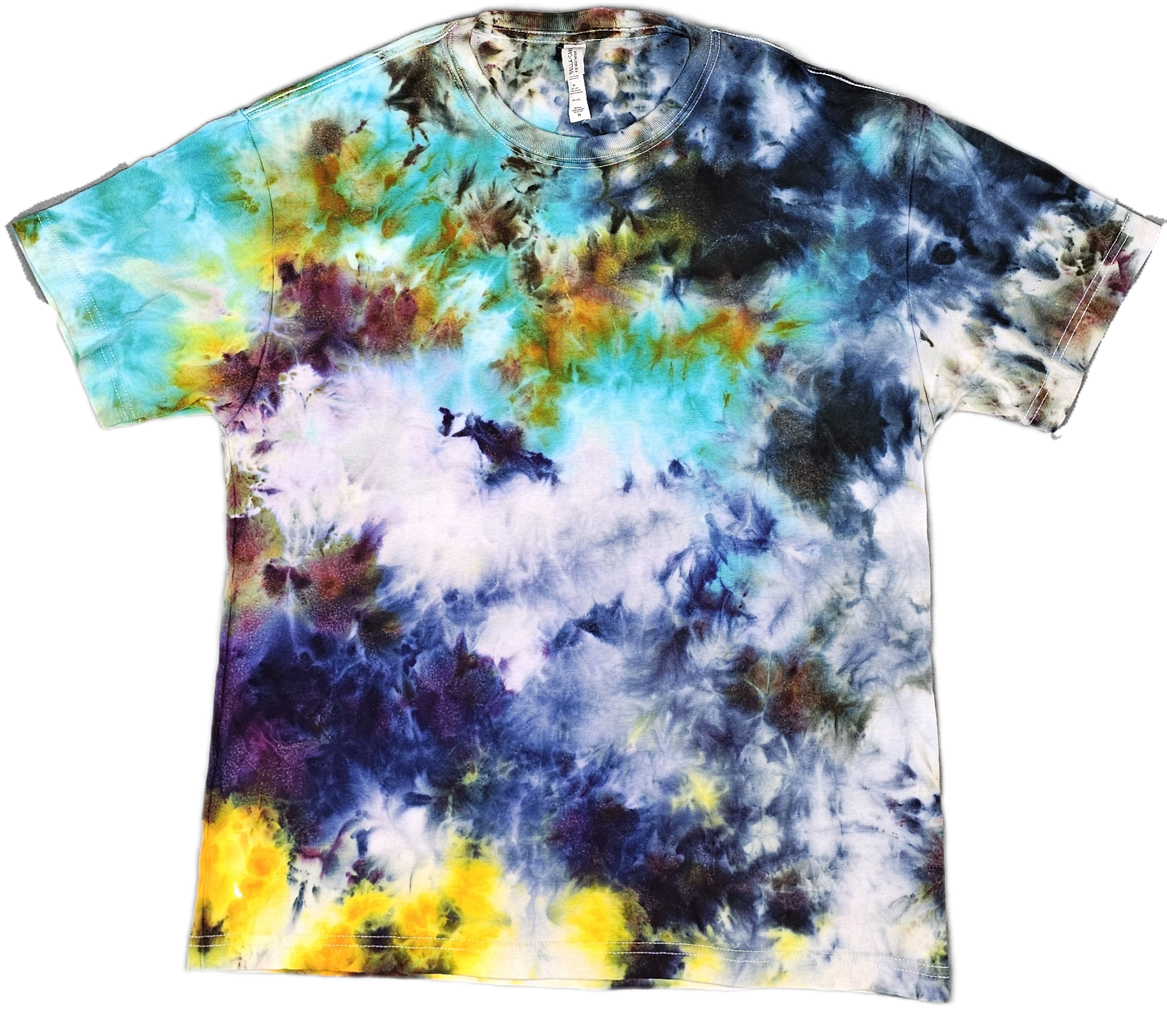 Colorful Bella + Canvas  tie-dye t-shirt with splashes of blue, black, white, yellow, purple, and green, creating an abstract pattern.