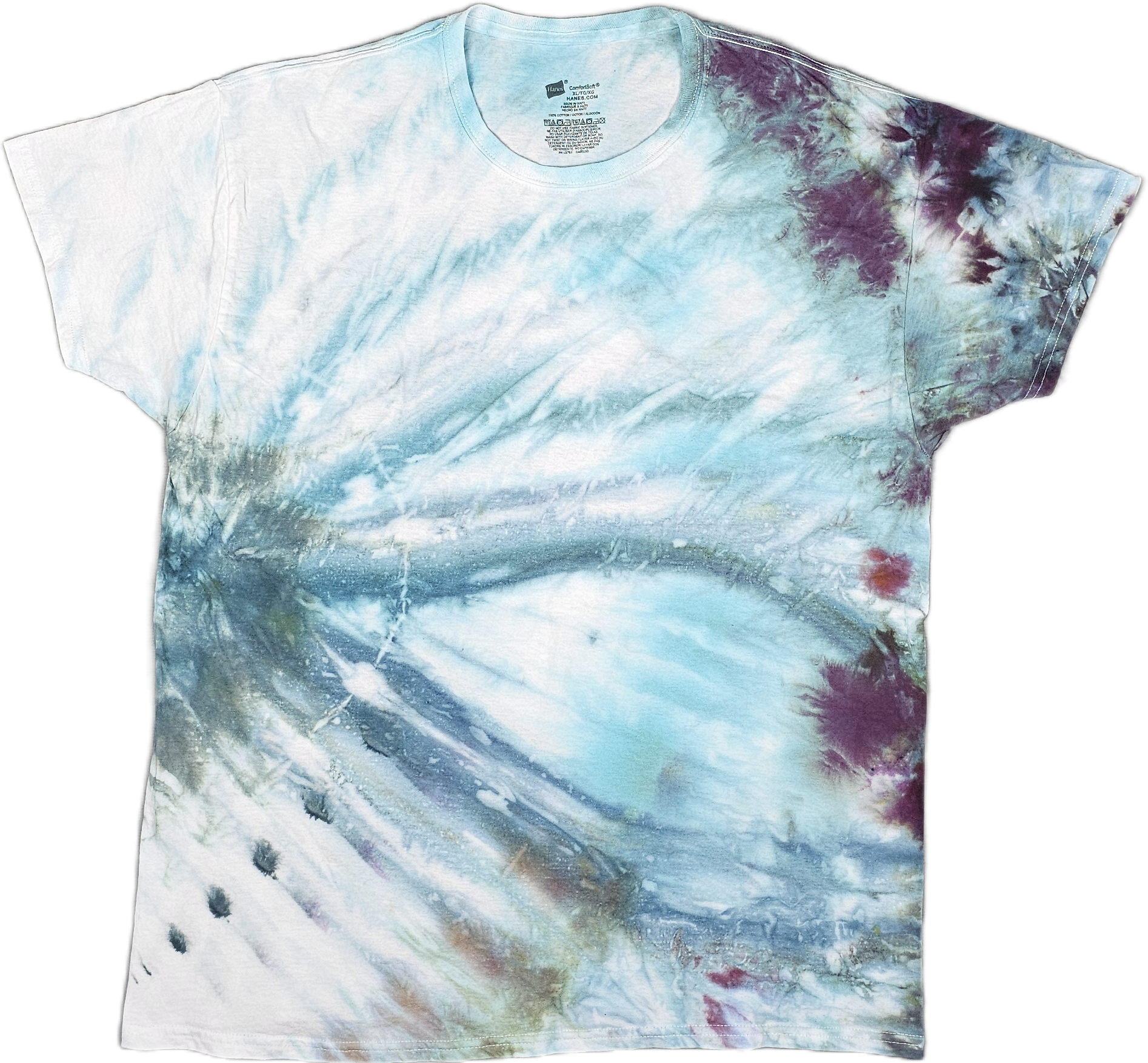 Tie-dye t-shirt with a light blue base and purple, red, and darker blue accents.
