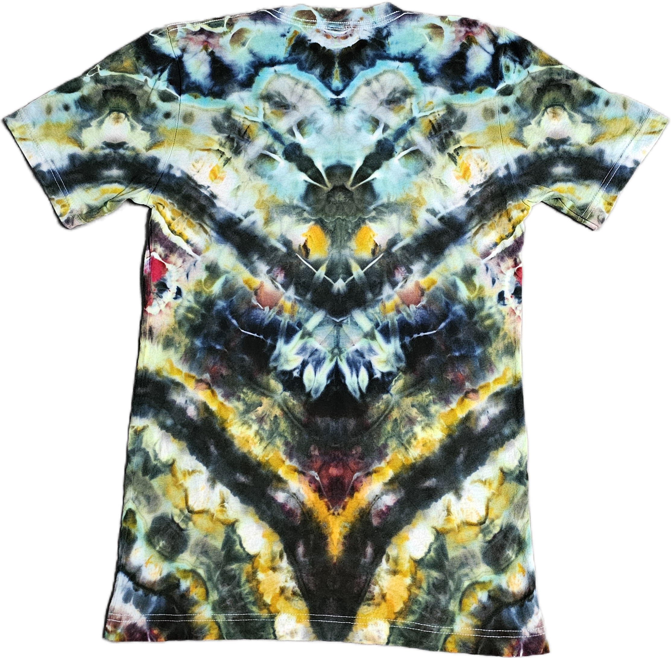 Bella + Canvas  Colorful tie-dye T-shirt with symmetrical abstract pattern in shades of blue, yellow, black, white, and pink.
