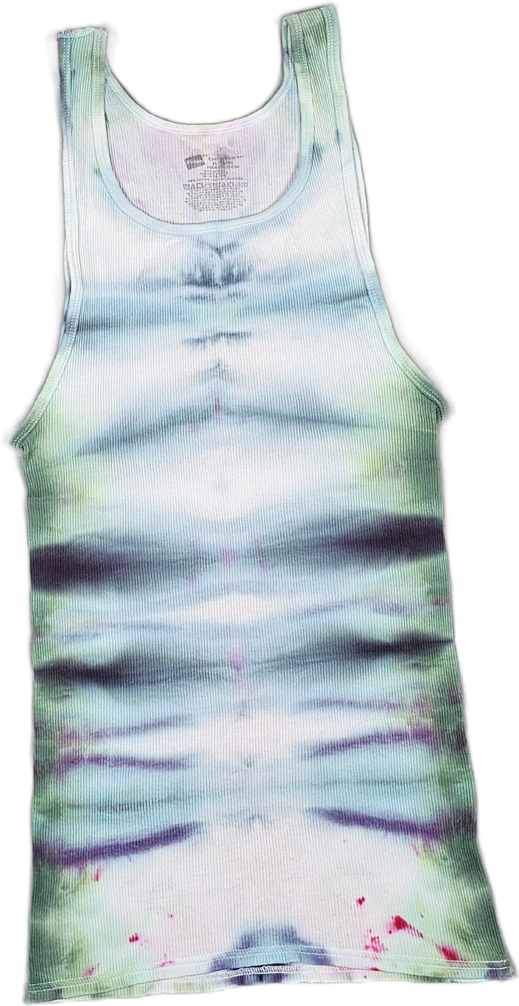 Colorful tie-dye sleeveless shirt with a rainbow pattern.