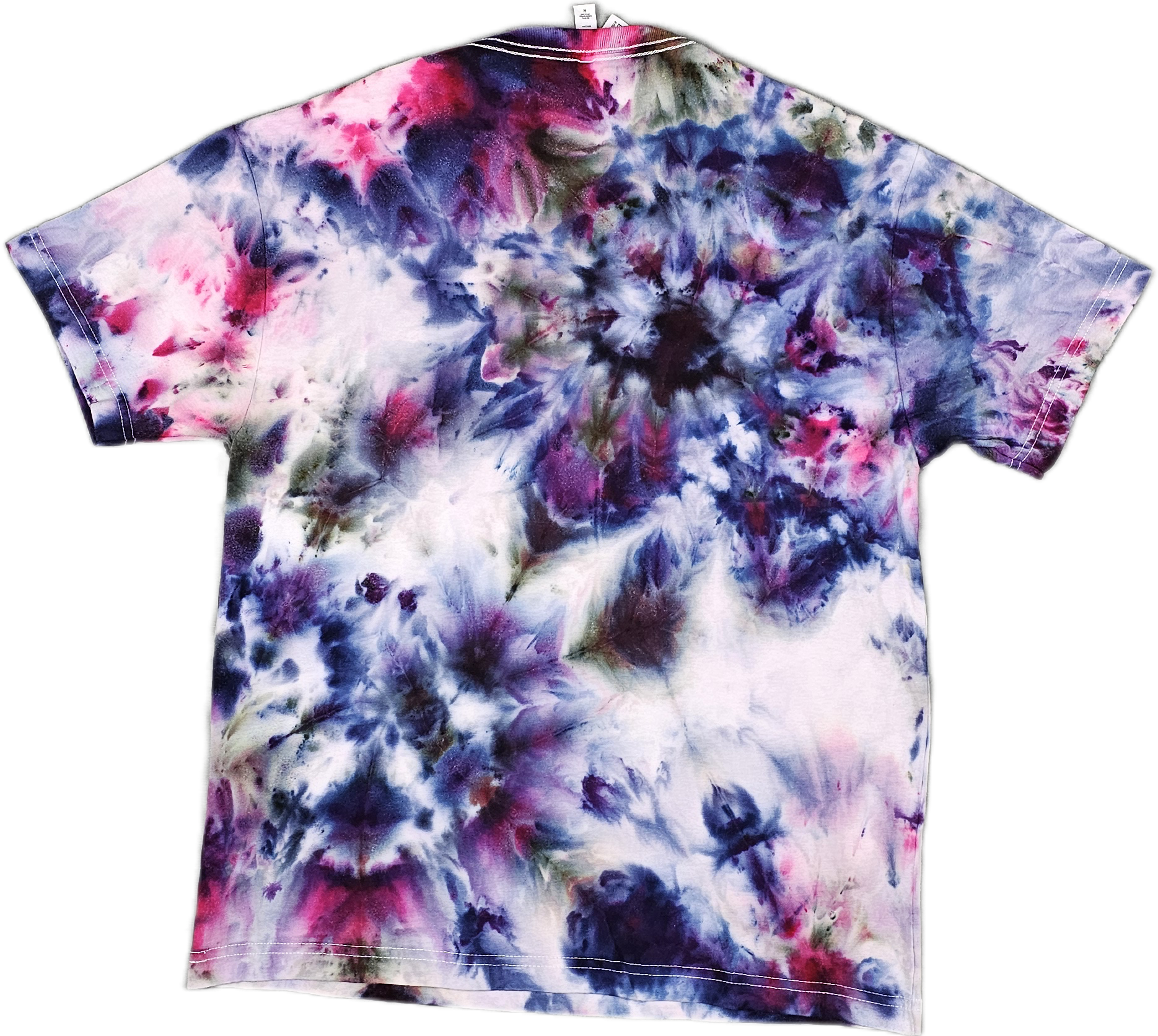 Bella + Canvas  A colorful tie-dye T-shirt with purple, pink, blue, and white patterns.