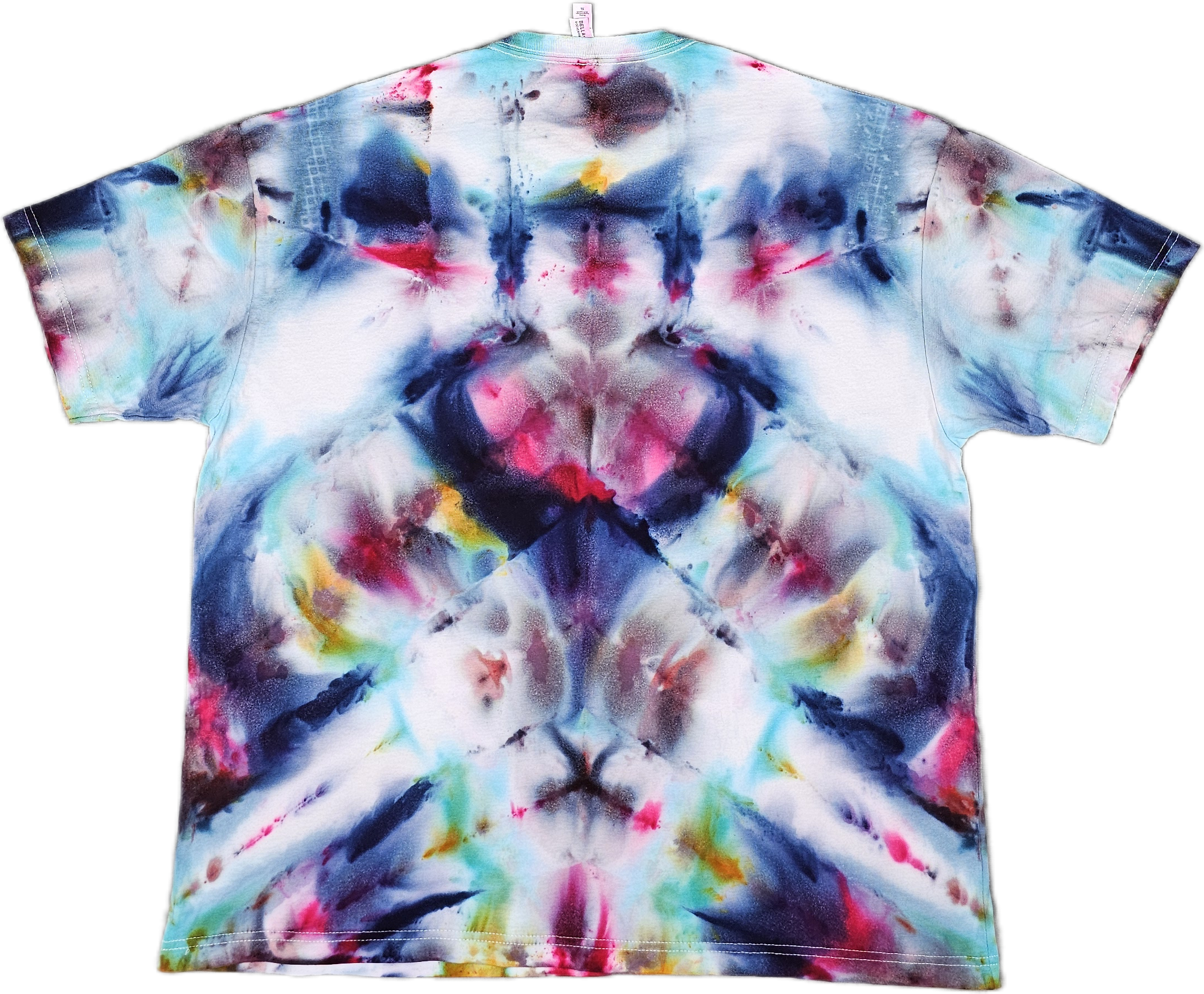 A Bella + Canvas  colorful tie-dye shirt with a mix of blue, pink, yellow, and black splashes and patterns.