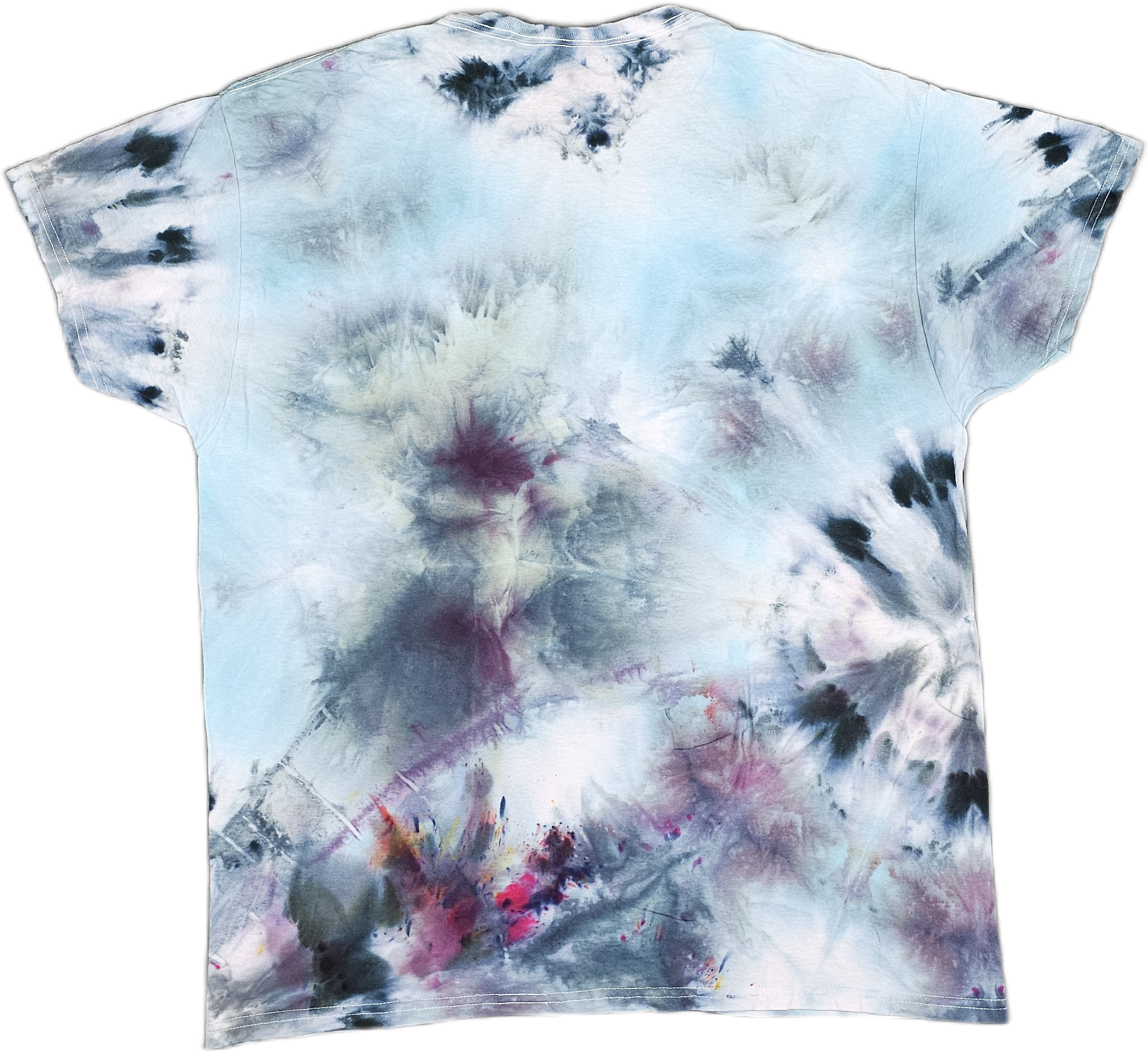 A tie-dye T-shirt with a pattern of various blue, purple, black, and pink splotches and splashes.