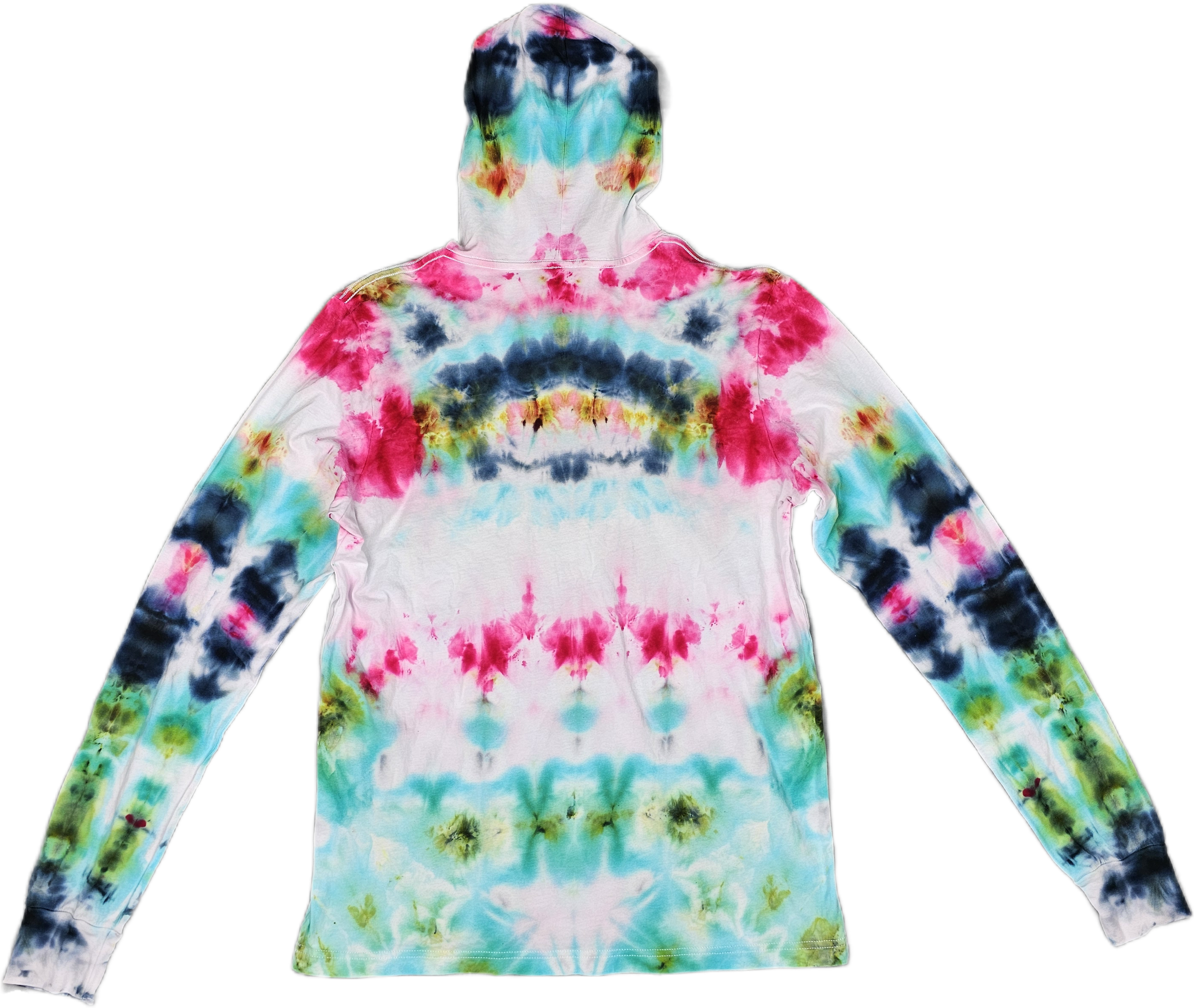 A  long sleeve Bella + Canvas tie-dye hoodie with multicolored patterns including pink, blue, yellow, black, and white, displayed against a black background.