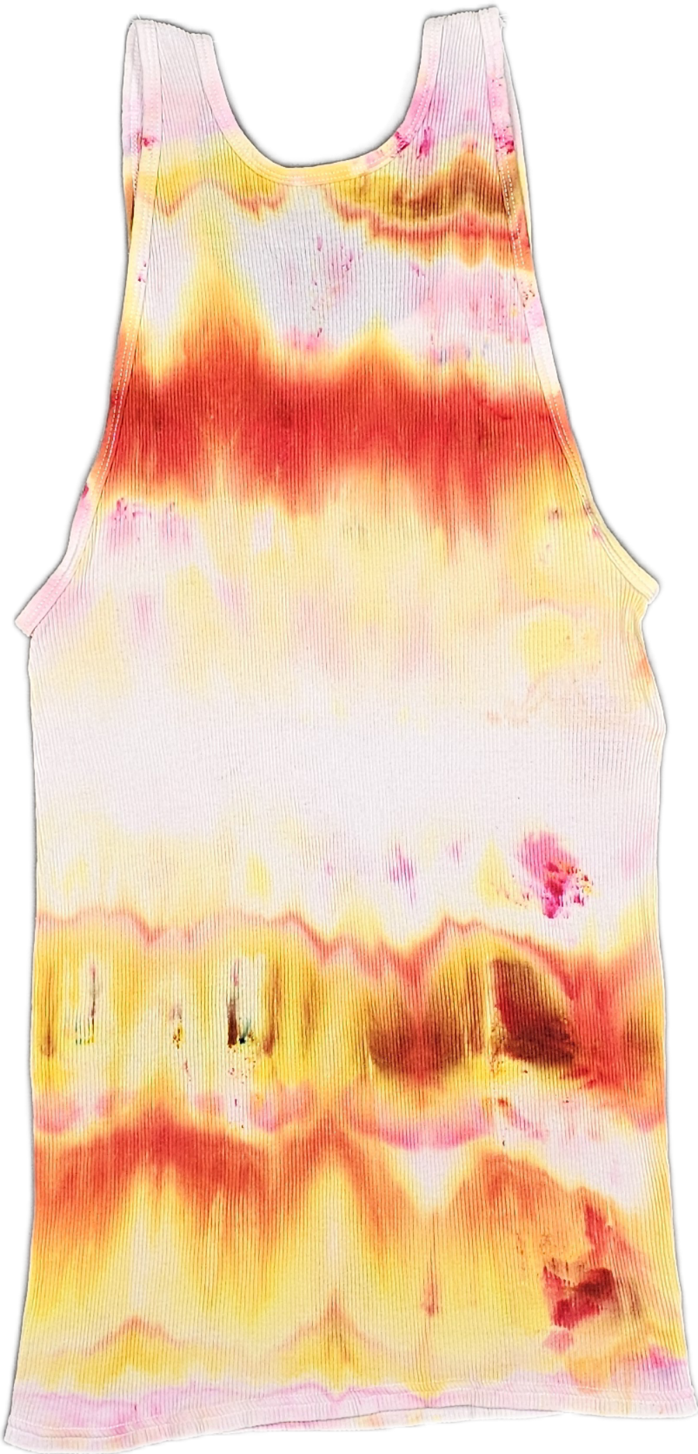 Colorful sleeveless tie-dye dress with pink, yellow, orange, and red patterns.