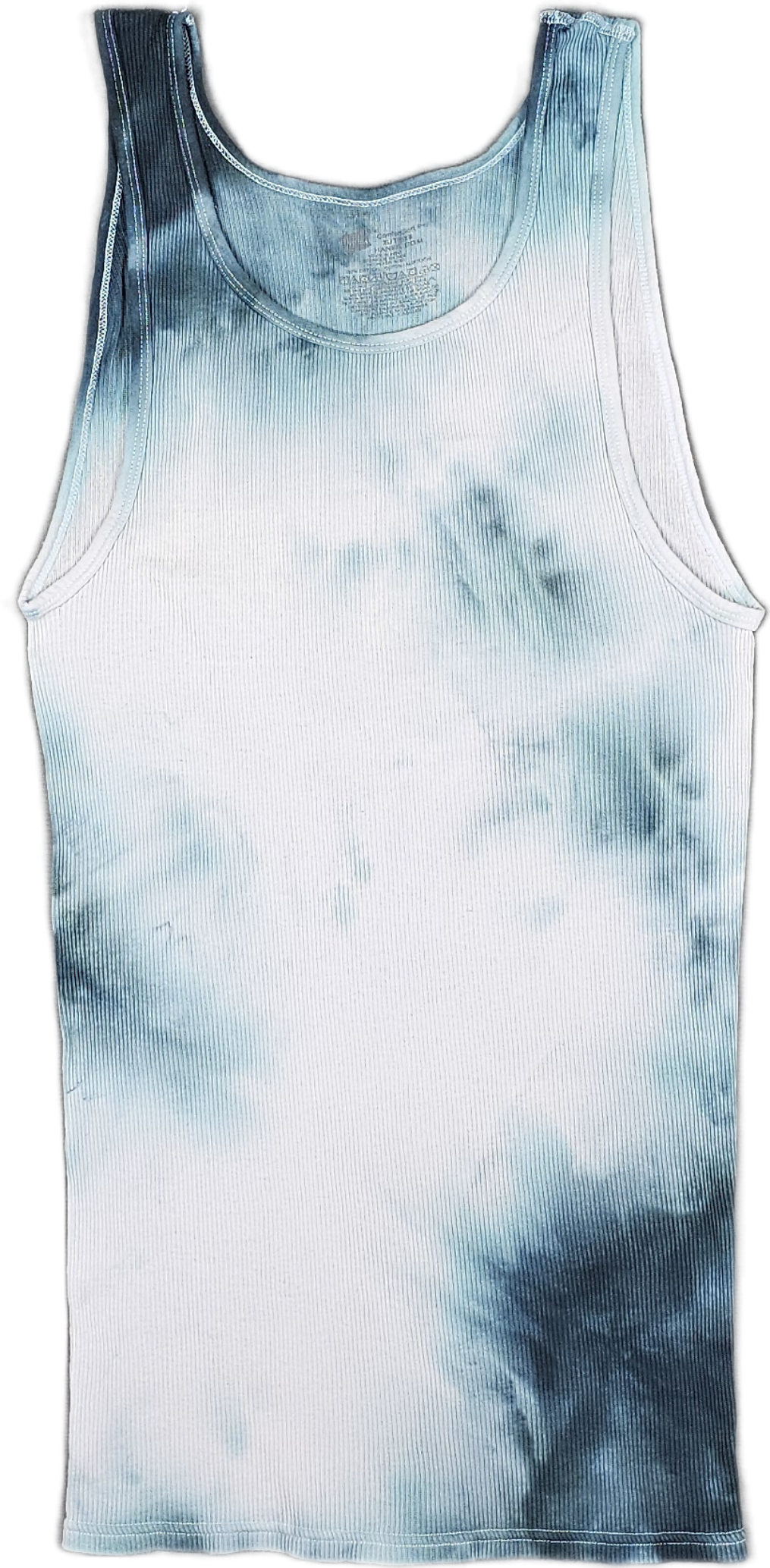 A sleeveless tie-dye tank top with shades of blue and white.