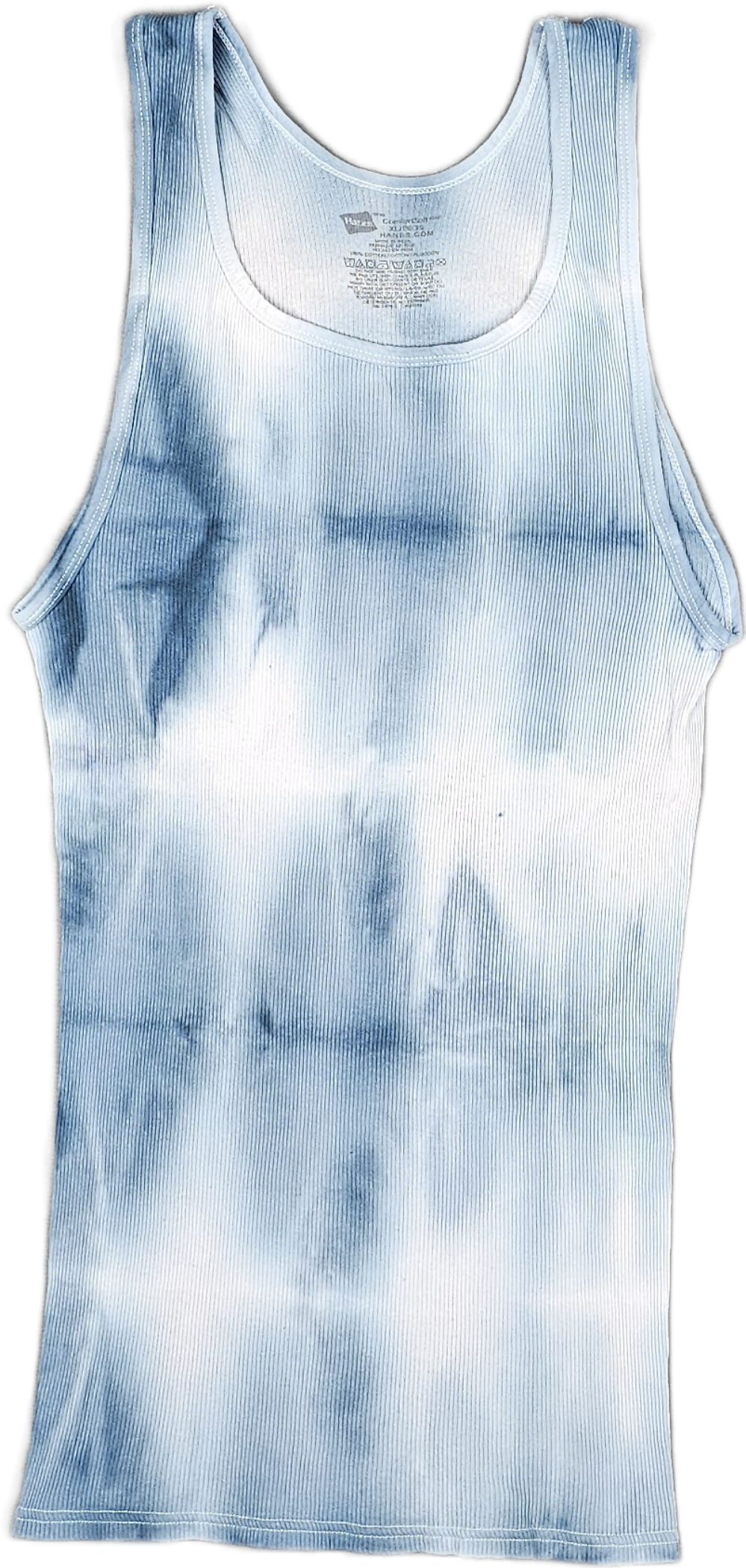Blue and white tie-dye tank top with ribbed texture and a scoop neckline.