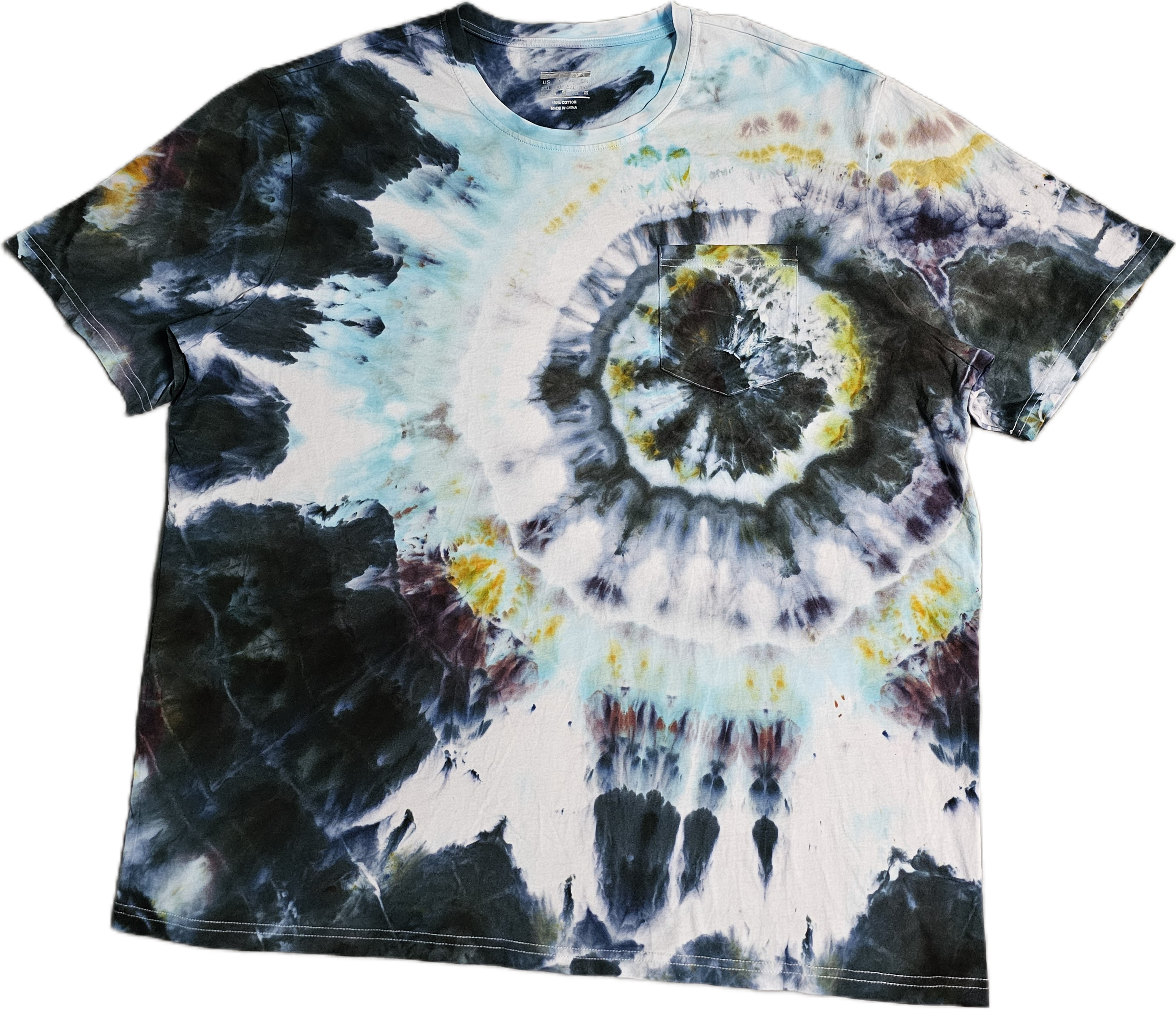 T-shirt with a tie-dye pattern in black, blue, white, and yellow colors, with a front pocket.