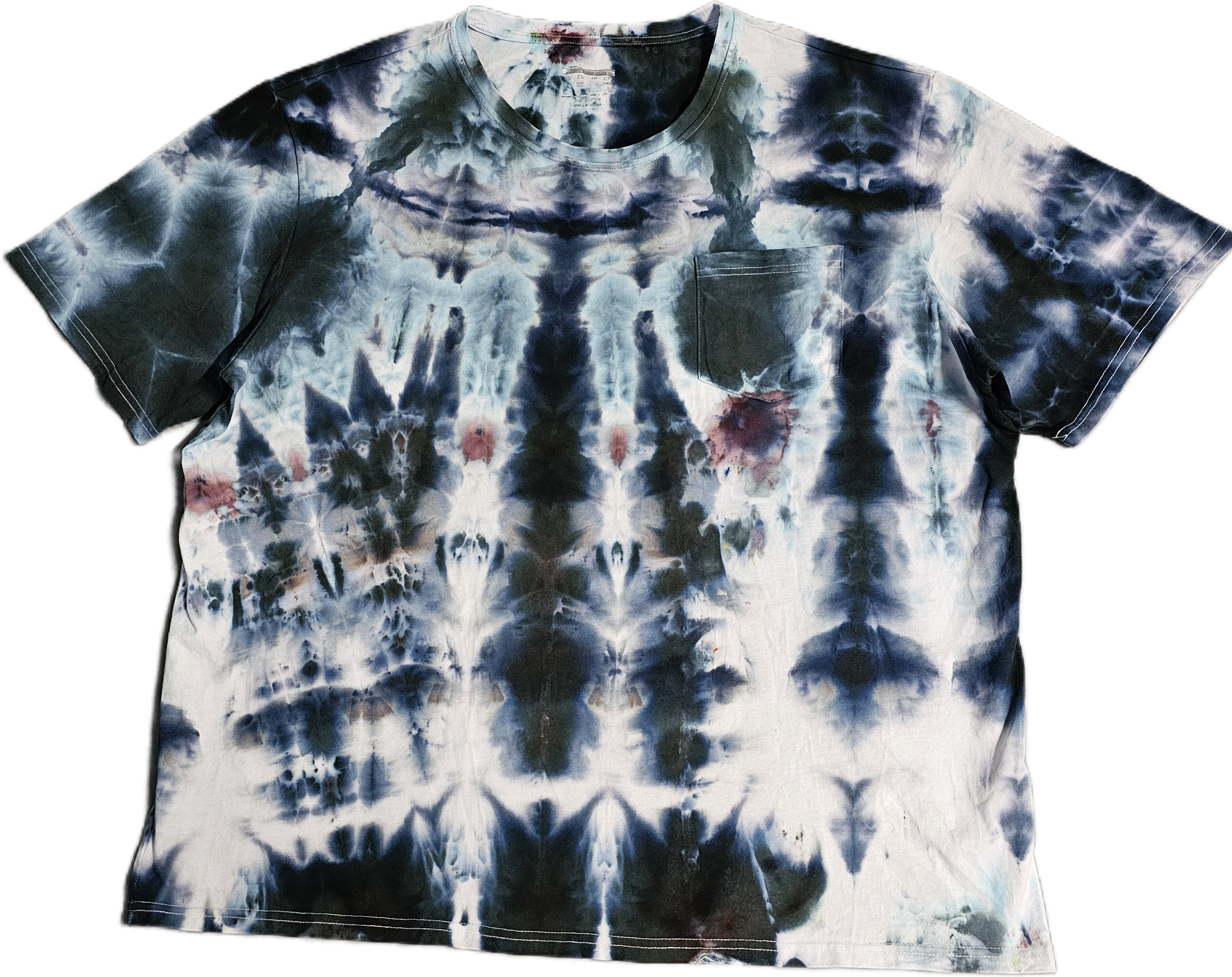 A tie-dye T-shirt with a mix of navy blue, white, and red colors.