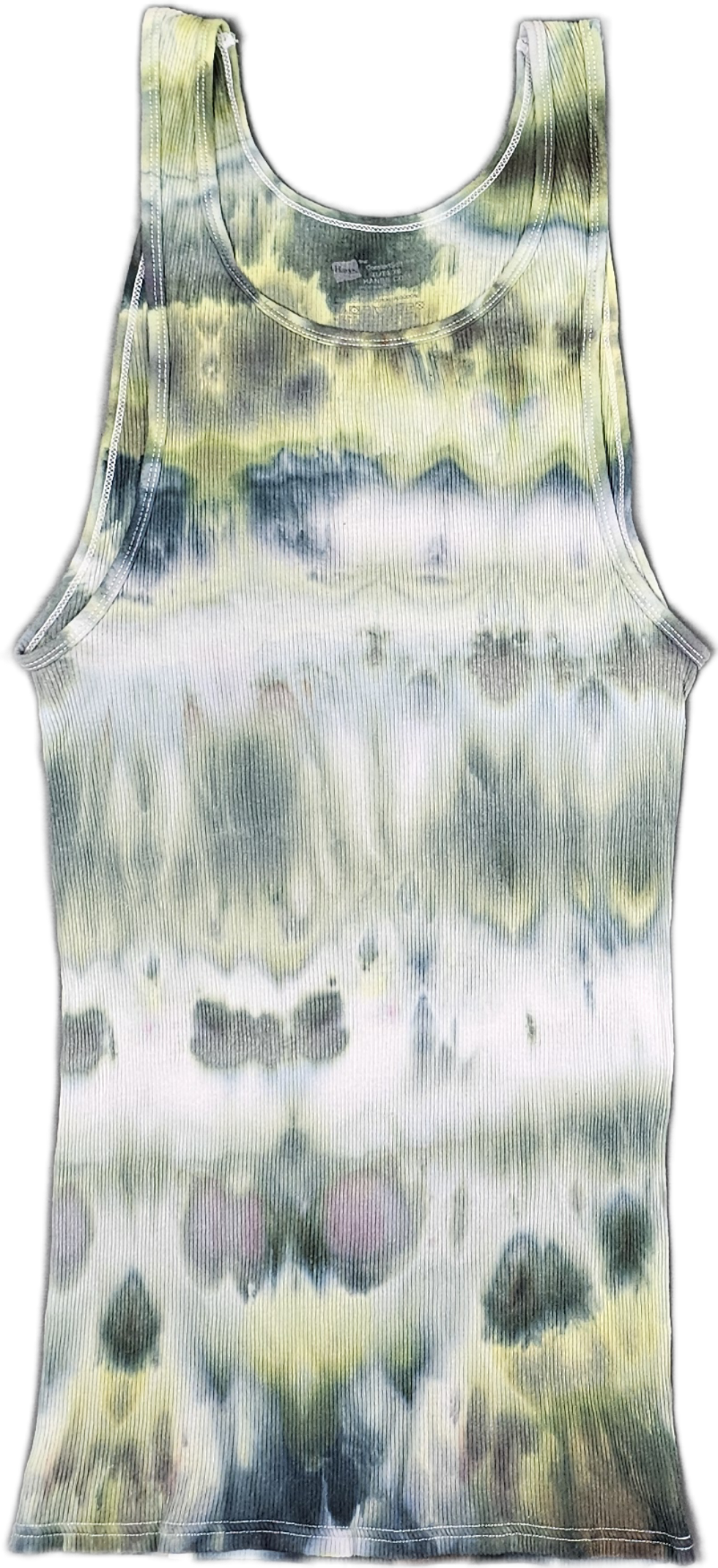 A sleeveless top with a multicolored tie-dye pattern featuring yellow, green, gray, and white shades.
