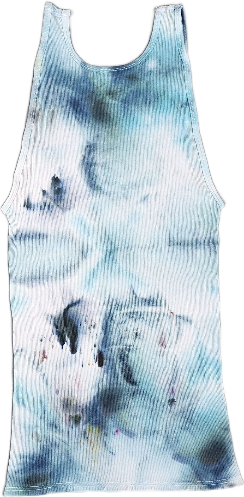 A sleeveless tank top featuring a blue and white tie-dye and watercolor style pattern.