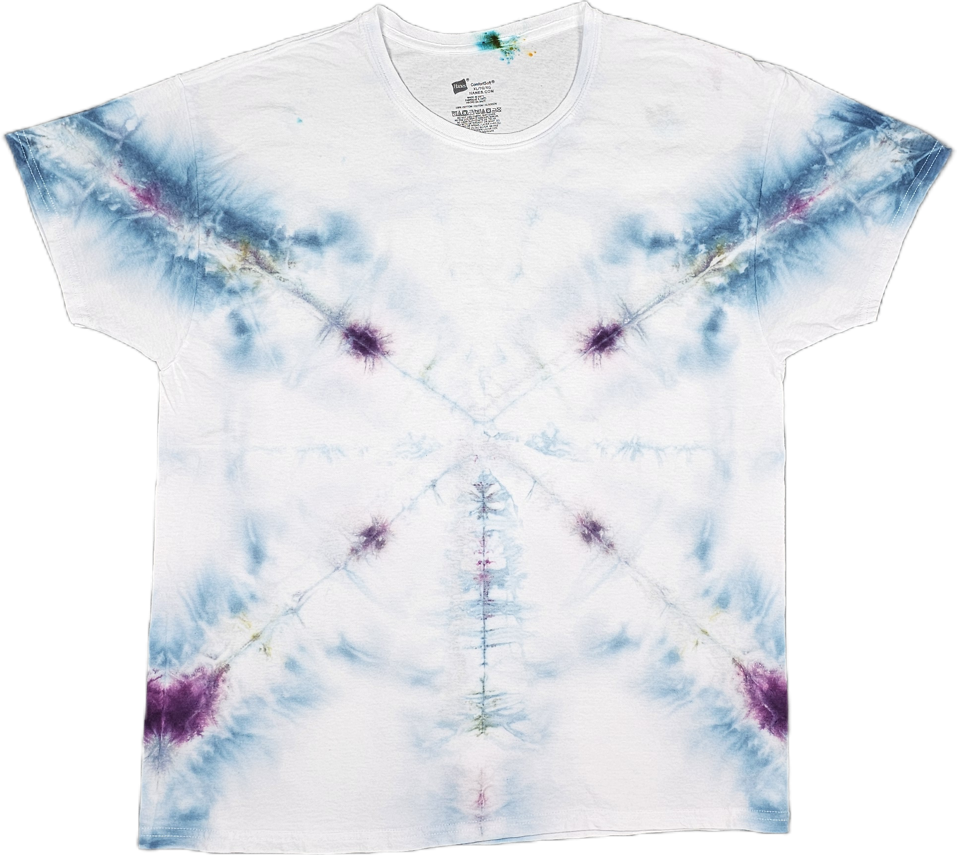 White tie-dye T-shirt with blue, purple, and pink watercolor-like patterns organizing symmetrically around the front.