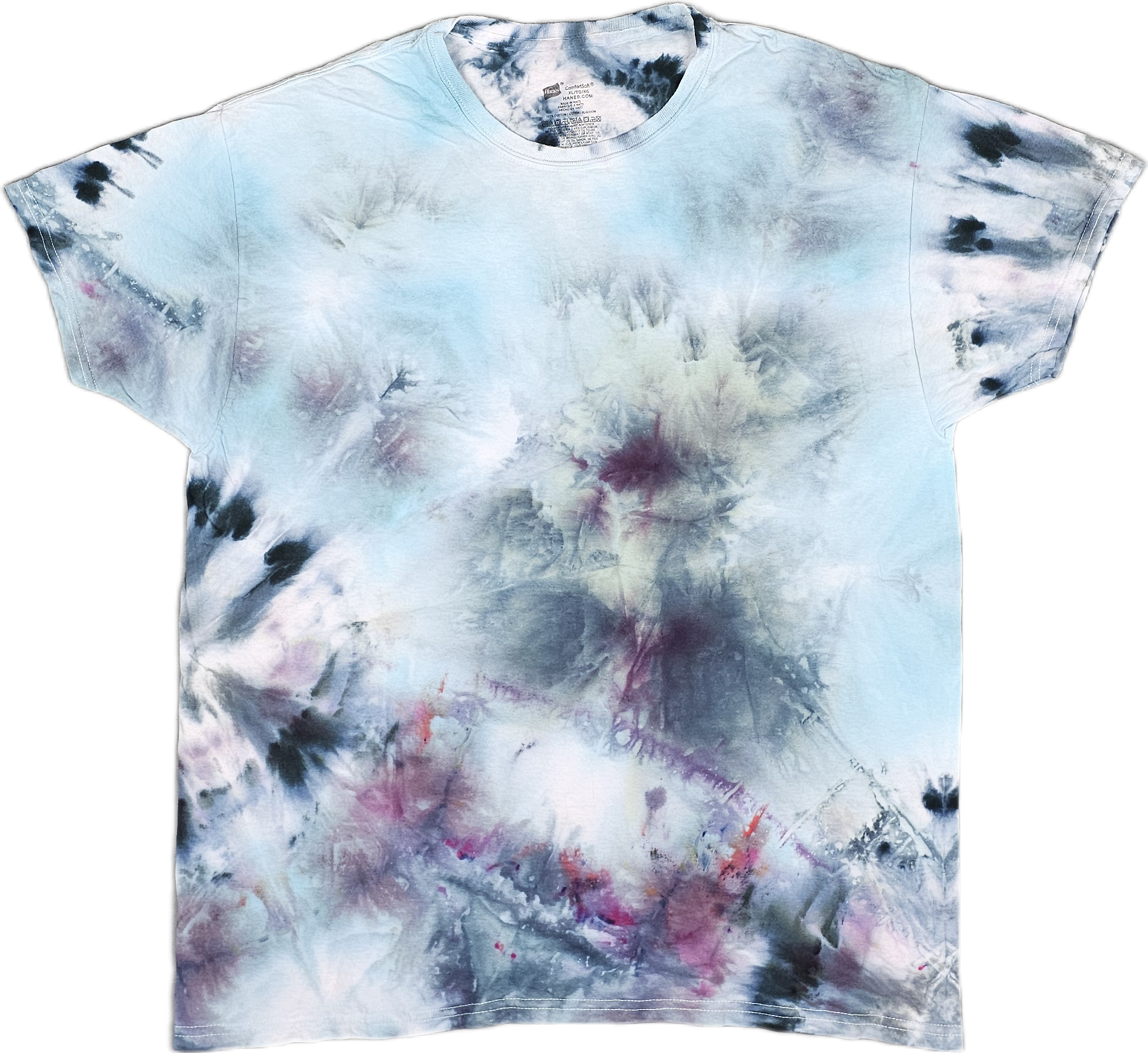 A tie-dye T-shirt with a light blue base color and dark blue, purple, and black splotches and streaks.