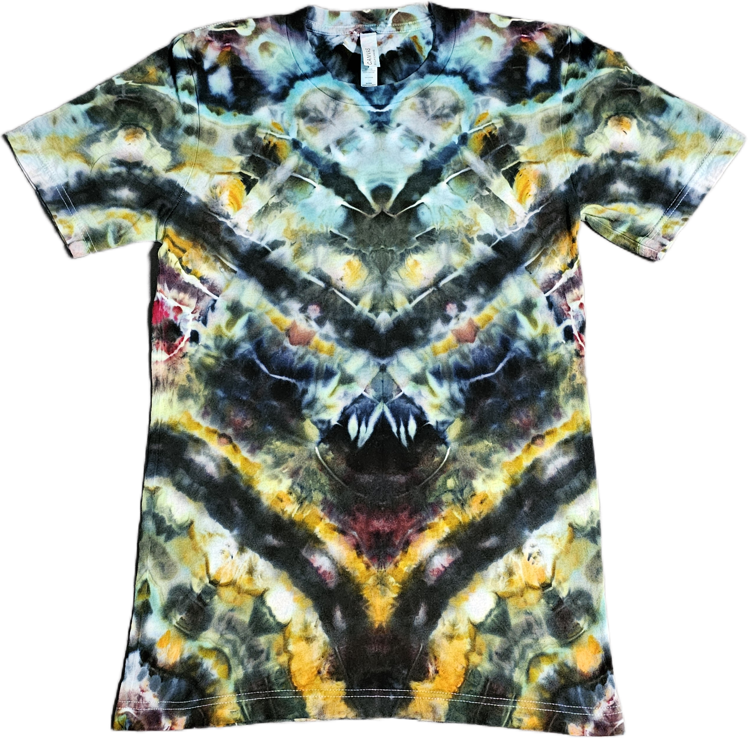 A Bella + Canvas short-sleeved T-shirt with a colorful tie-dye pattern in shades of blue, yellow, black, and white. The shirt is laid flat, showing the front design.