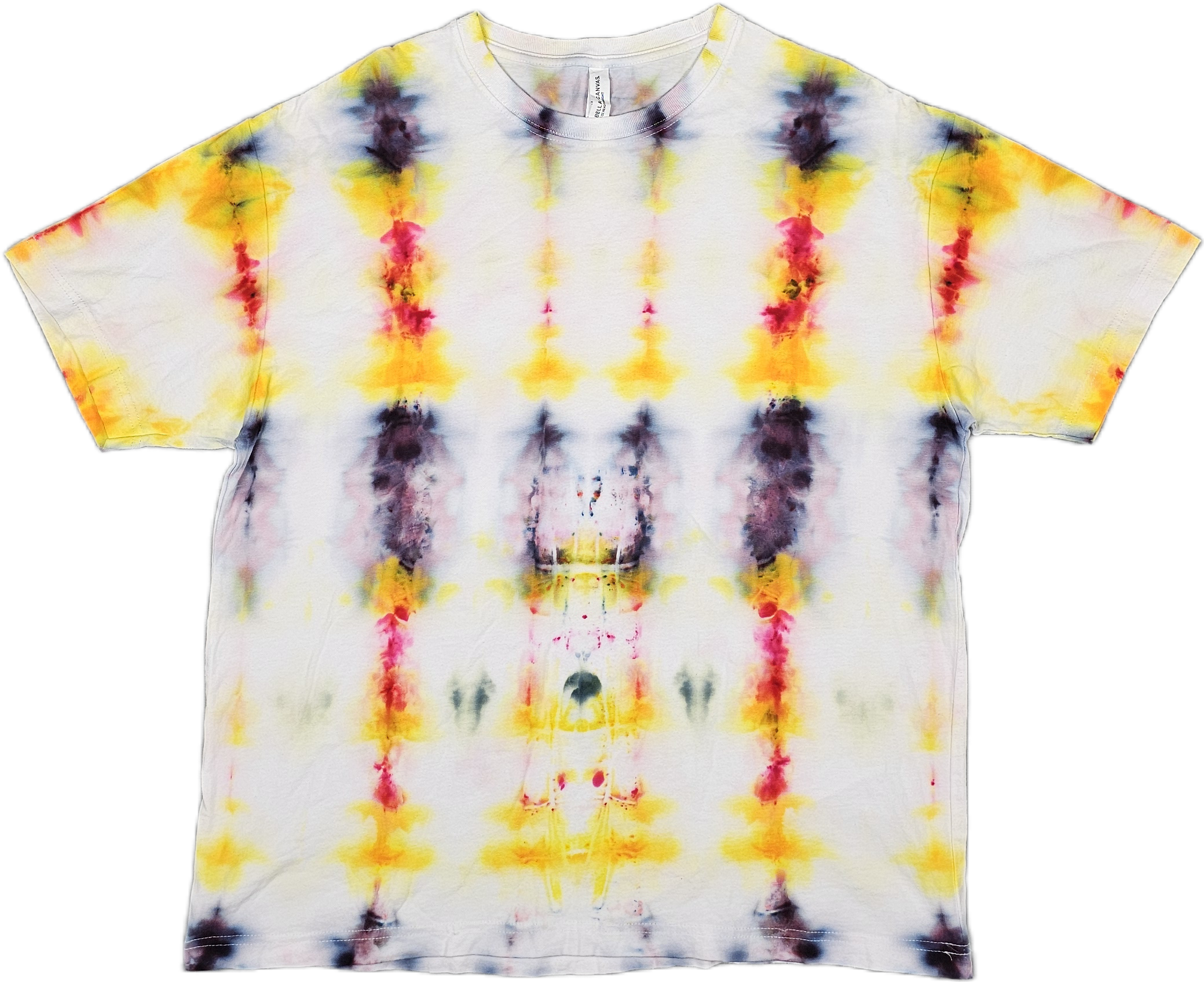 A white Bella + Canvas  t-shirt with a colorful tie-dye pattern featuring yellow, pink, purple, and black hues.