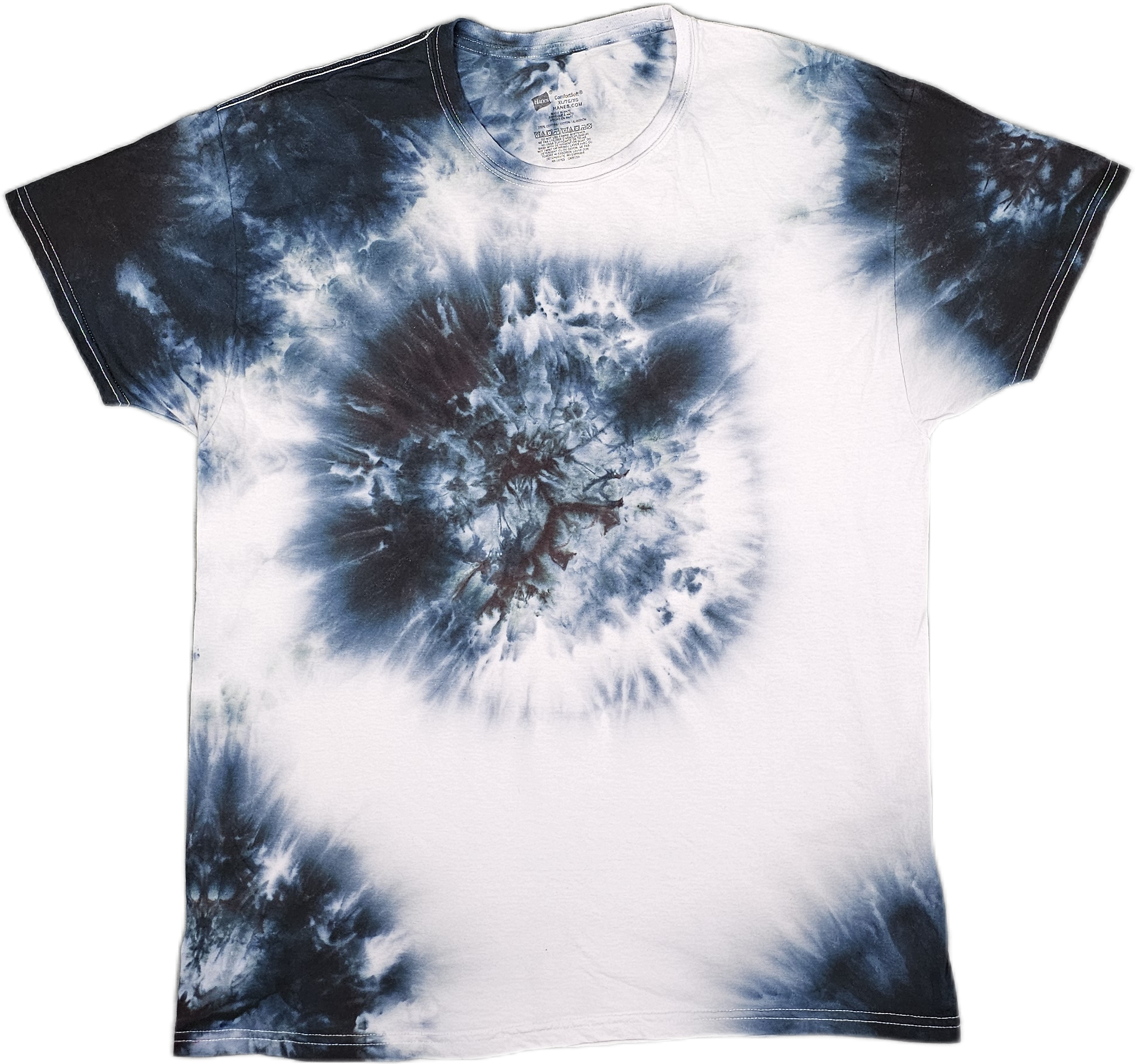 Tie-dye T-shirt with black, white, and blue swirling patterns and white stitching details.