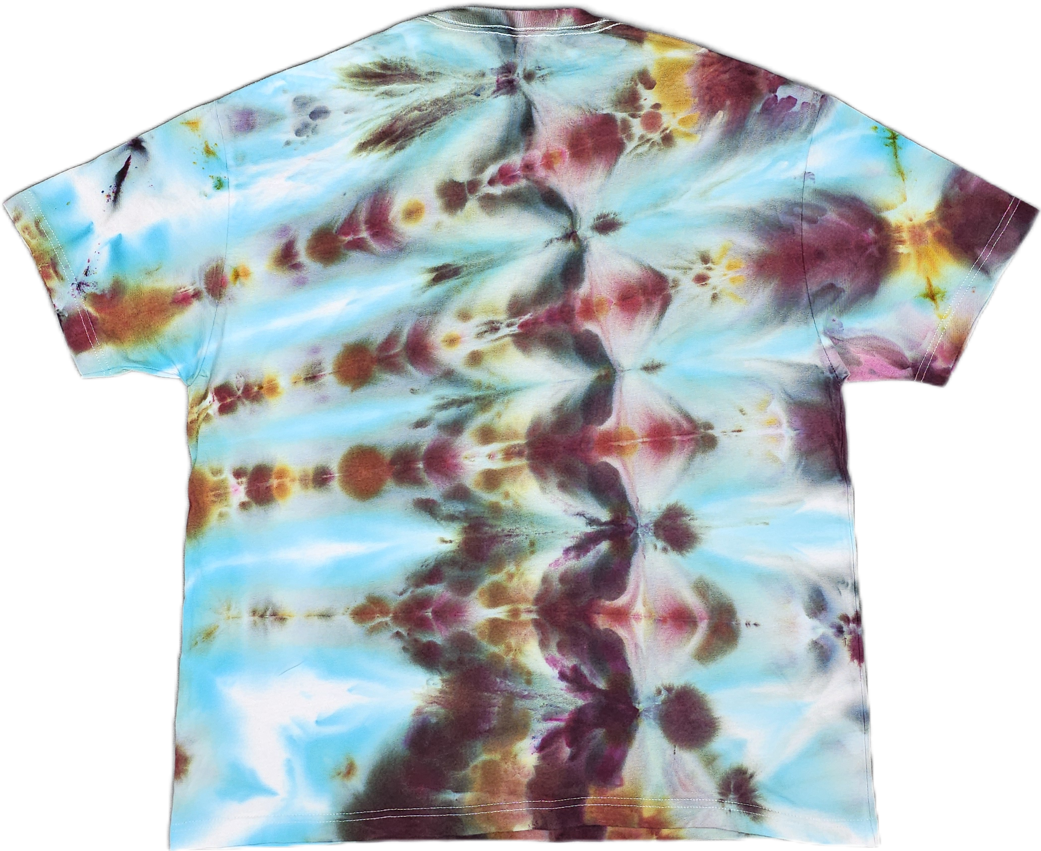 Bella + Canvas  Tie-dye fabric with a colorful, abstract pattern featuring shades of blue, red, yellow, and black.
