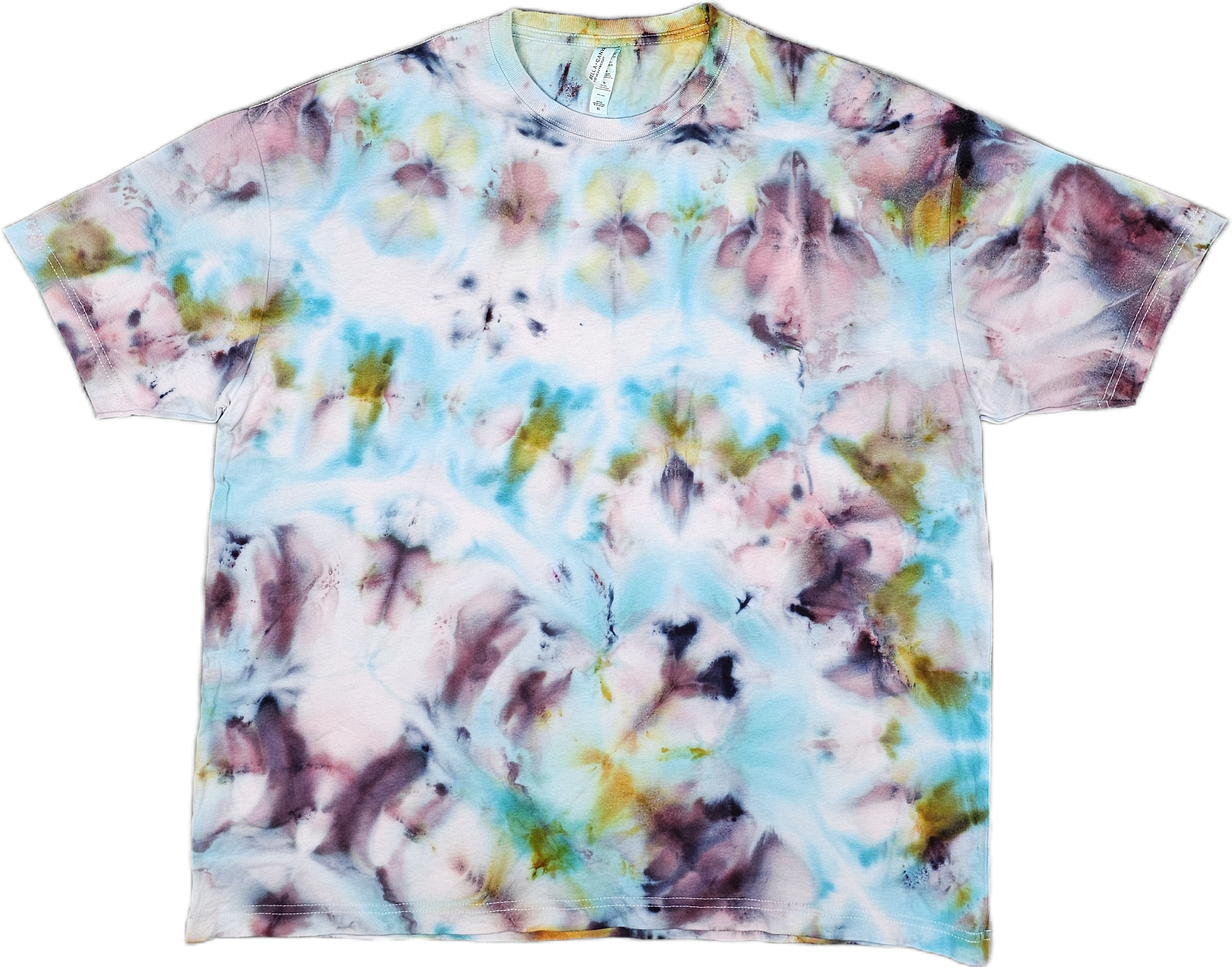 A Bella + Canvas  short-sleeve T-shirt with a colorful tie-dye pattern in shades of pink, blue, yellow, green, and black.