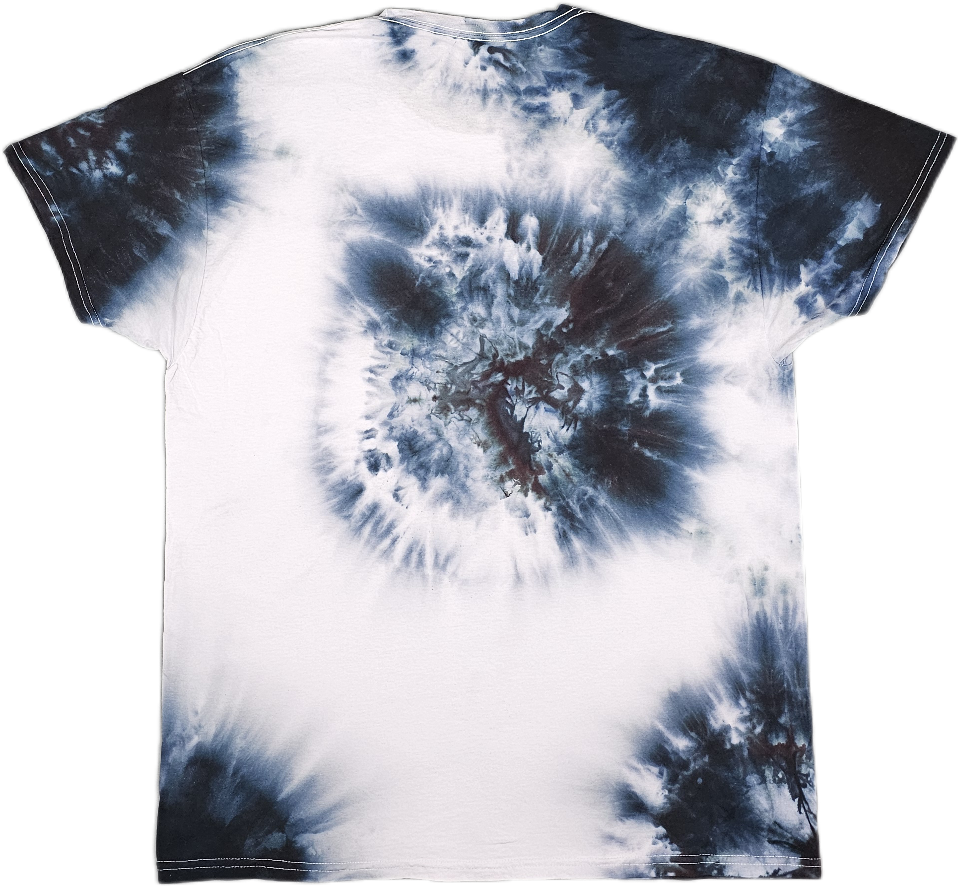 A T-shirt with a blue and white tie-dye pattern featuring a societal scene with a large person in the background, two figures nearby, and a stormy sky.