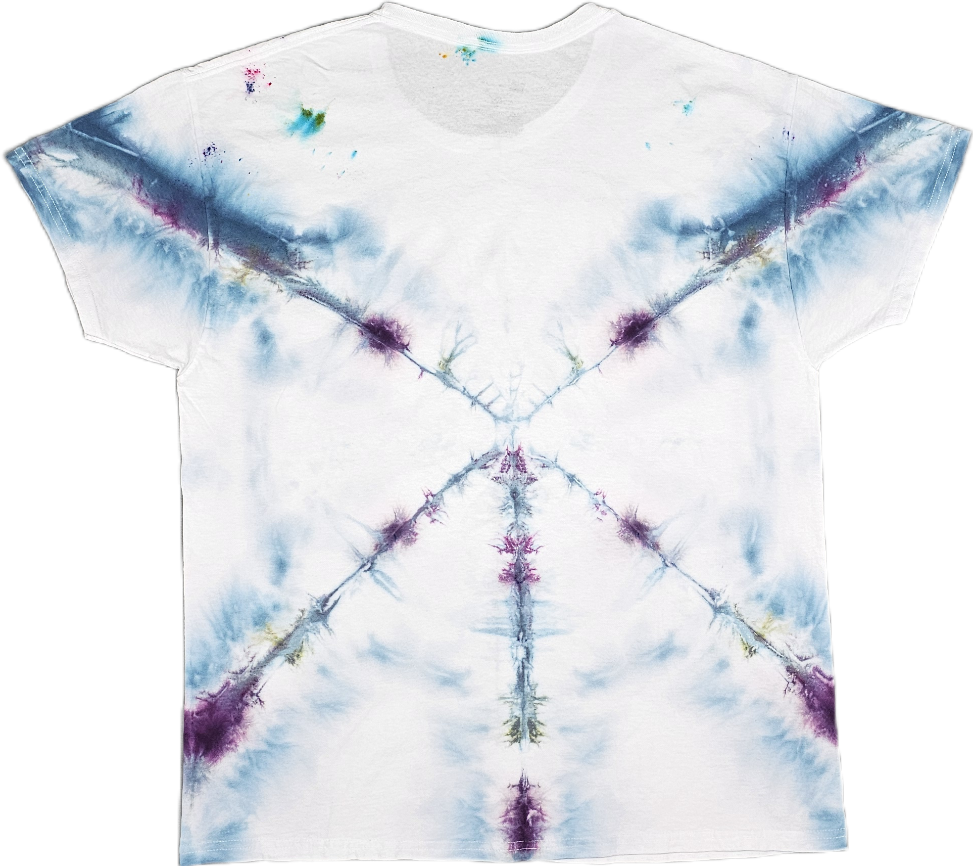 White T-shirt with a colorful tie-dye pattern in shades of blue, purple, yellow, and pink, creating a symmetrical, abstract design.