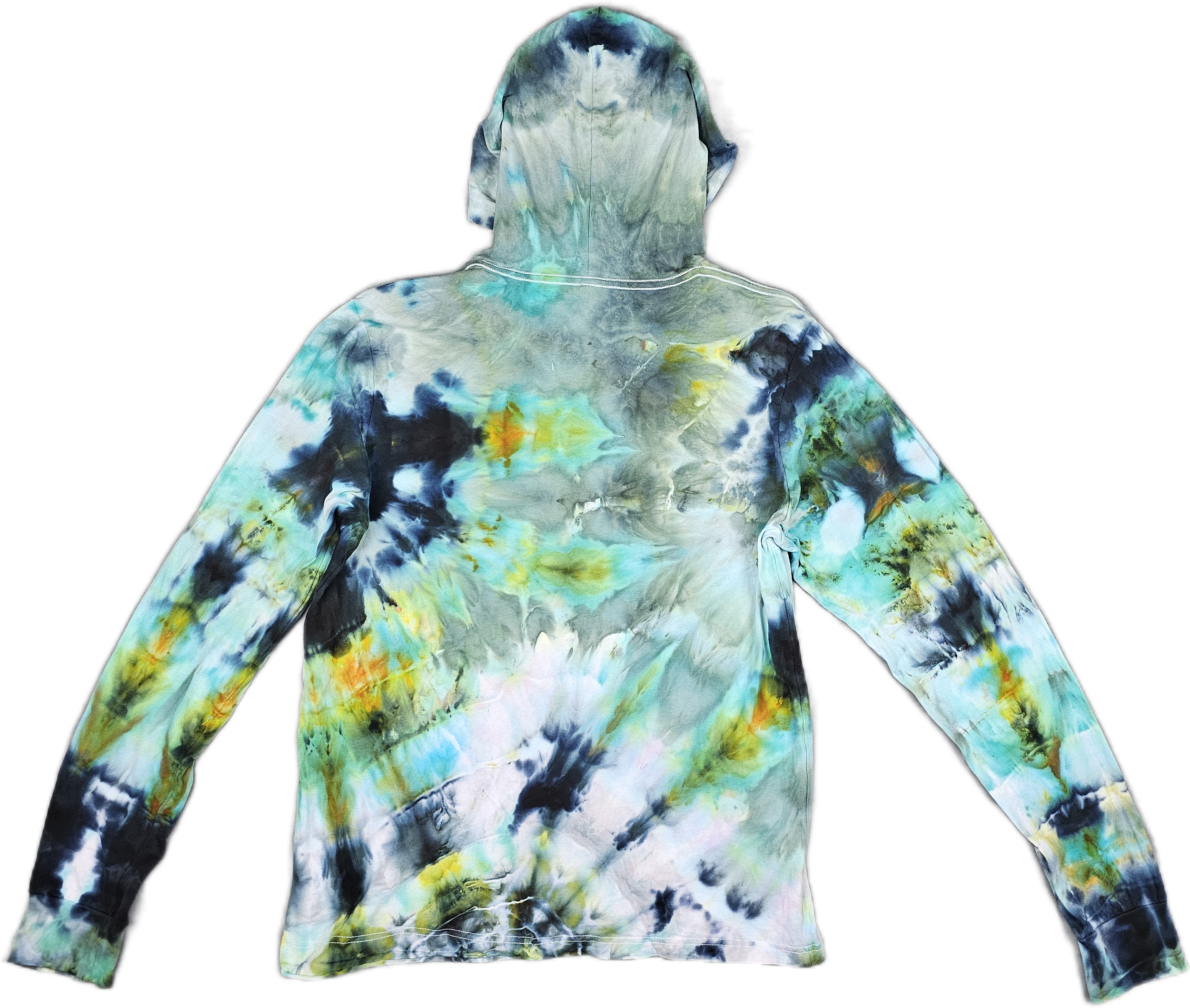 Tie-dye hoodie with a mix of blue, green, yellow, and black colors, featuring a hood and long sleeves.