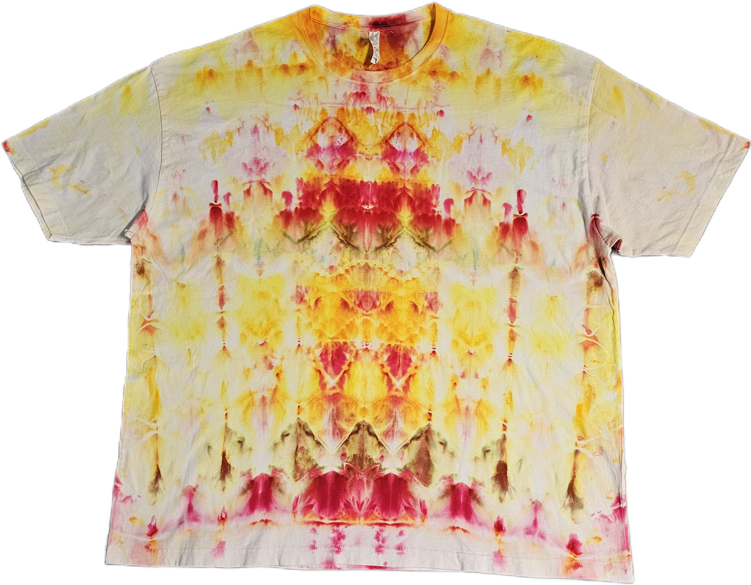 Bella + Canvas Tie-dye t-shirt with yellow, red, and pink symmetrical pattern