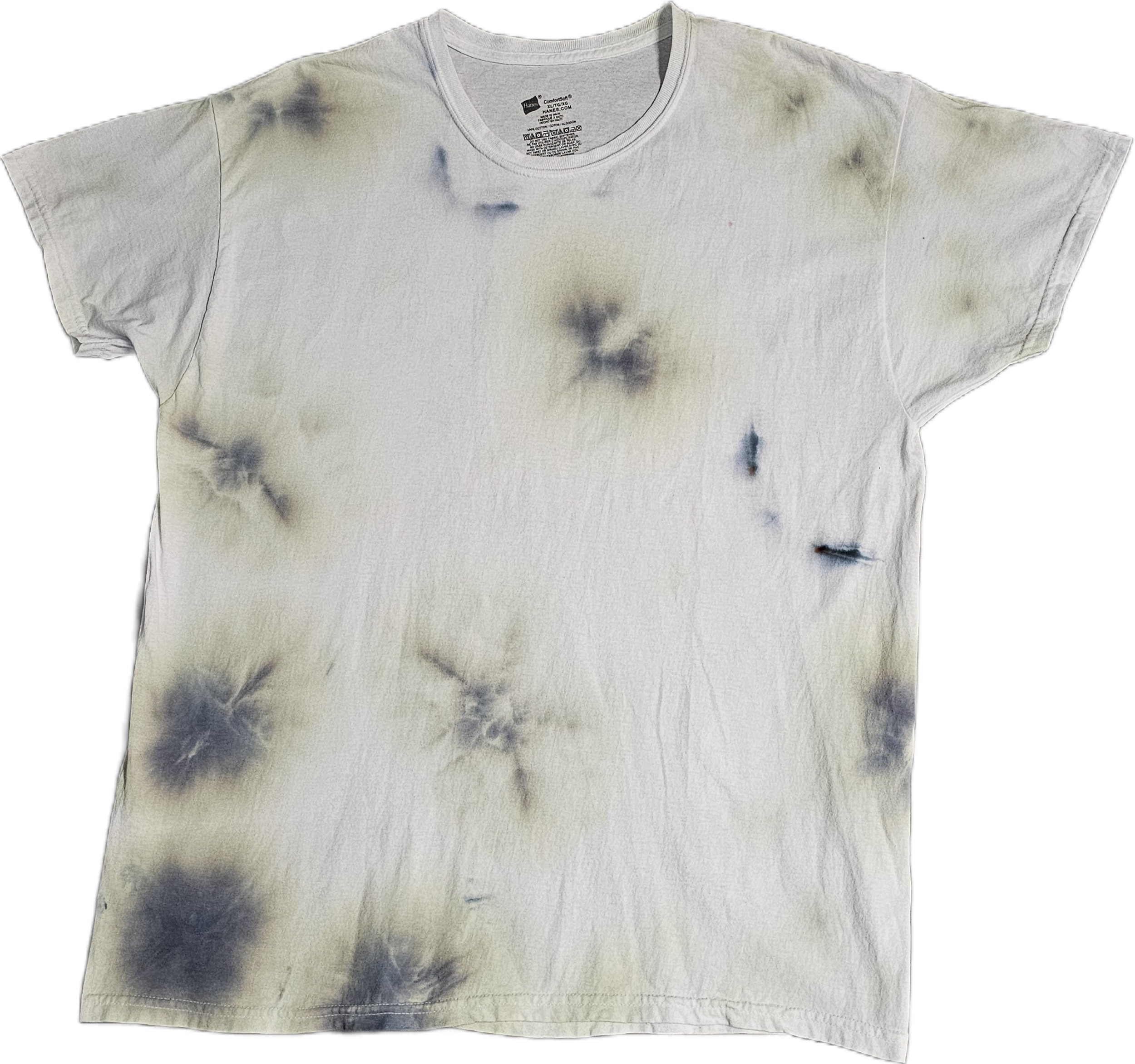 White T-shirt with banana like yellow black, blue, and gray stains.