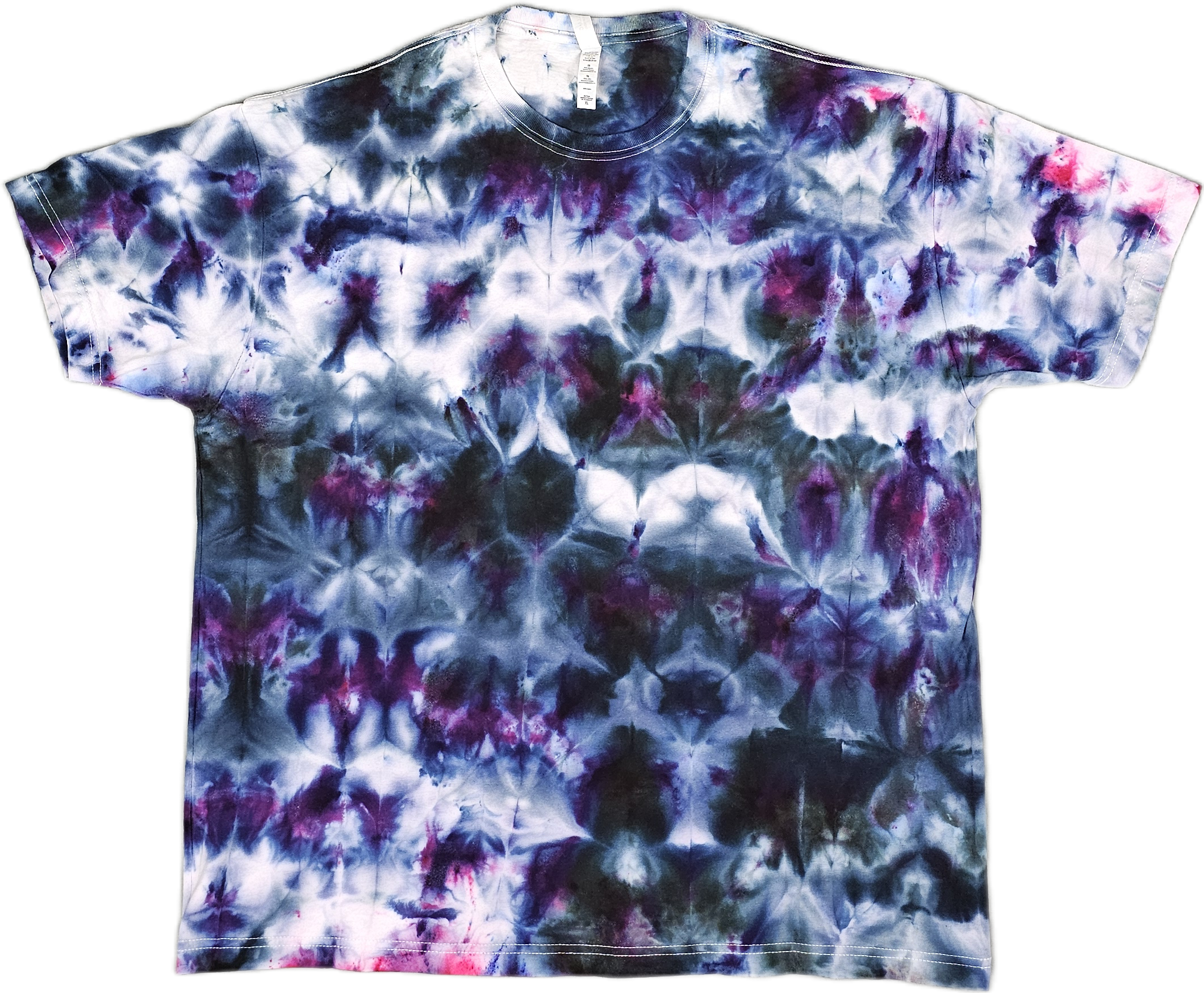 A Bella + Canvas  tie-dye T-shirt with blue, purple, pink, and black colors in a swirling pattern, laid flat.