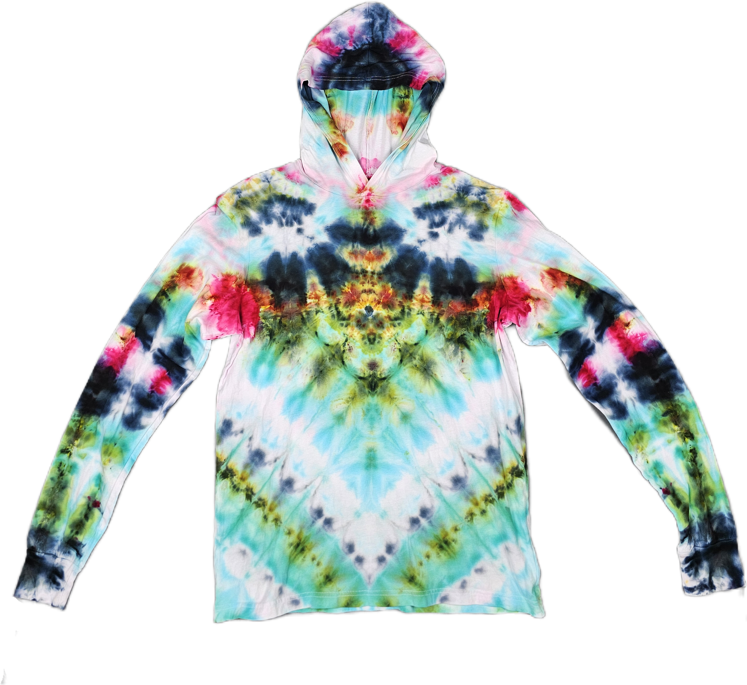 A long sleeve Bella + Canvas tie-dye hoodie with vibrant multicolored patterns including pink, blue, green, yellow, and black, displayed against a black background.
