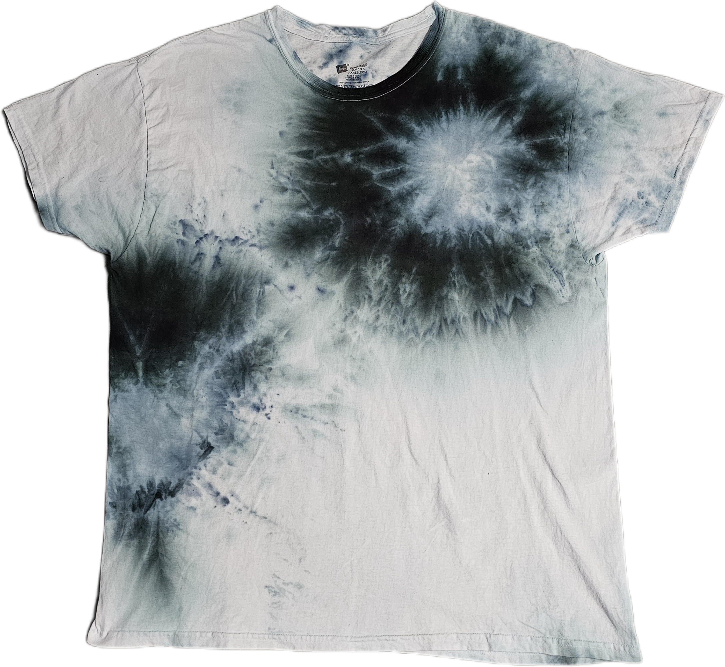 A Hanes tie-dye T-shirt with a black and white pattern forming a starburst design in the center. 