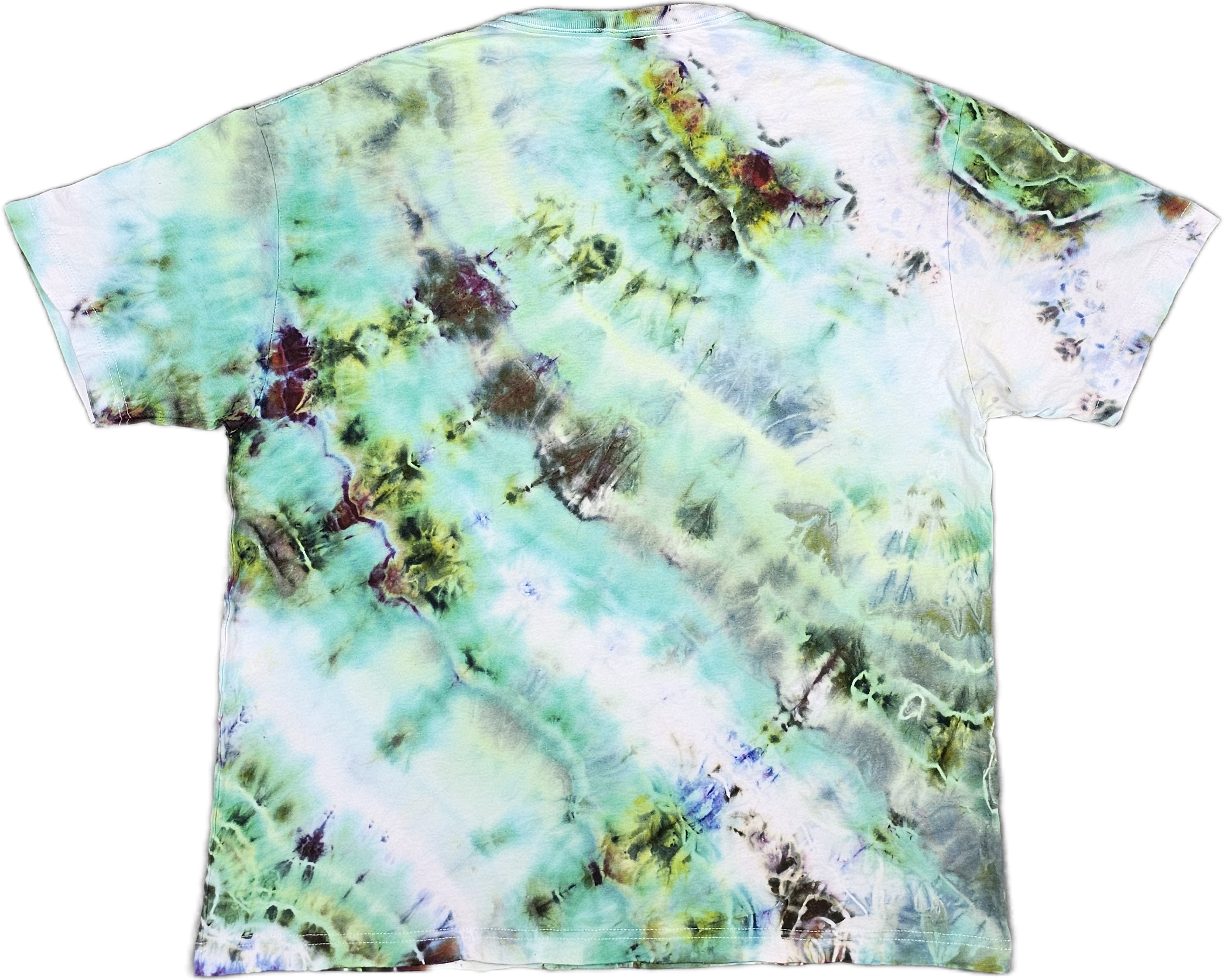 A Bella + Canvas  tie-dye t-shirt with a colorful, abstract pattern in shades of green, yellow, purple, and black.