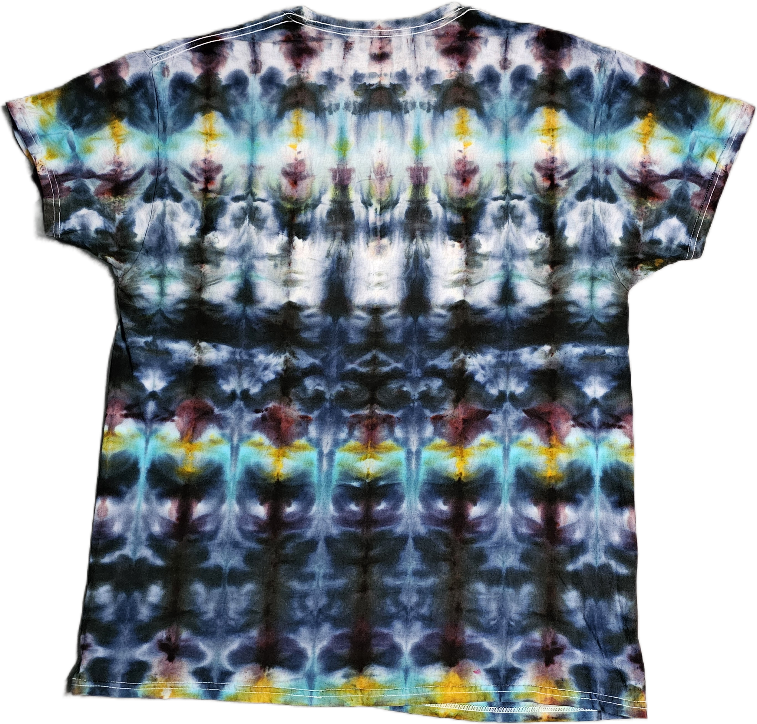 A tie-dye shirt with a multicolored, symmetrical pattern of dark and bright colors, including black, blue, yellow, red, and green.