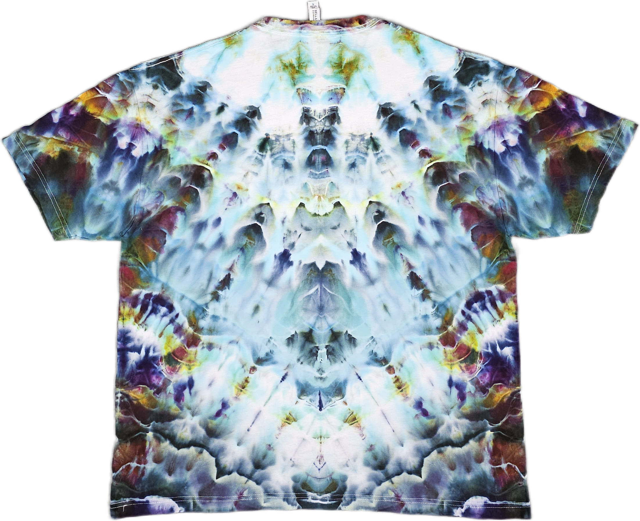 A Bella + Canvas  colorful tie-dye t-shirt with symmetrical patterns resembling a Rorschach inkblot, featuring a mix of vibrant colors including blue, yellow, purple, and red.
